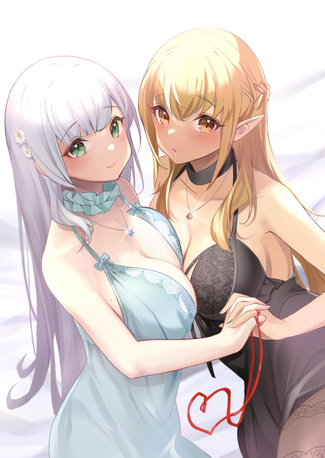 dress elf hololive lingerie no_bra pointy_ears shiranui_flare shirogane_noel sndk1480 yuri