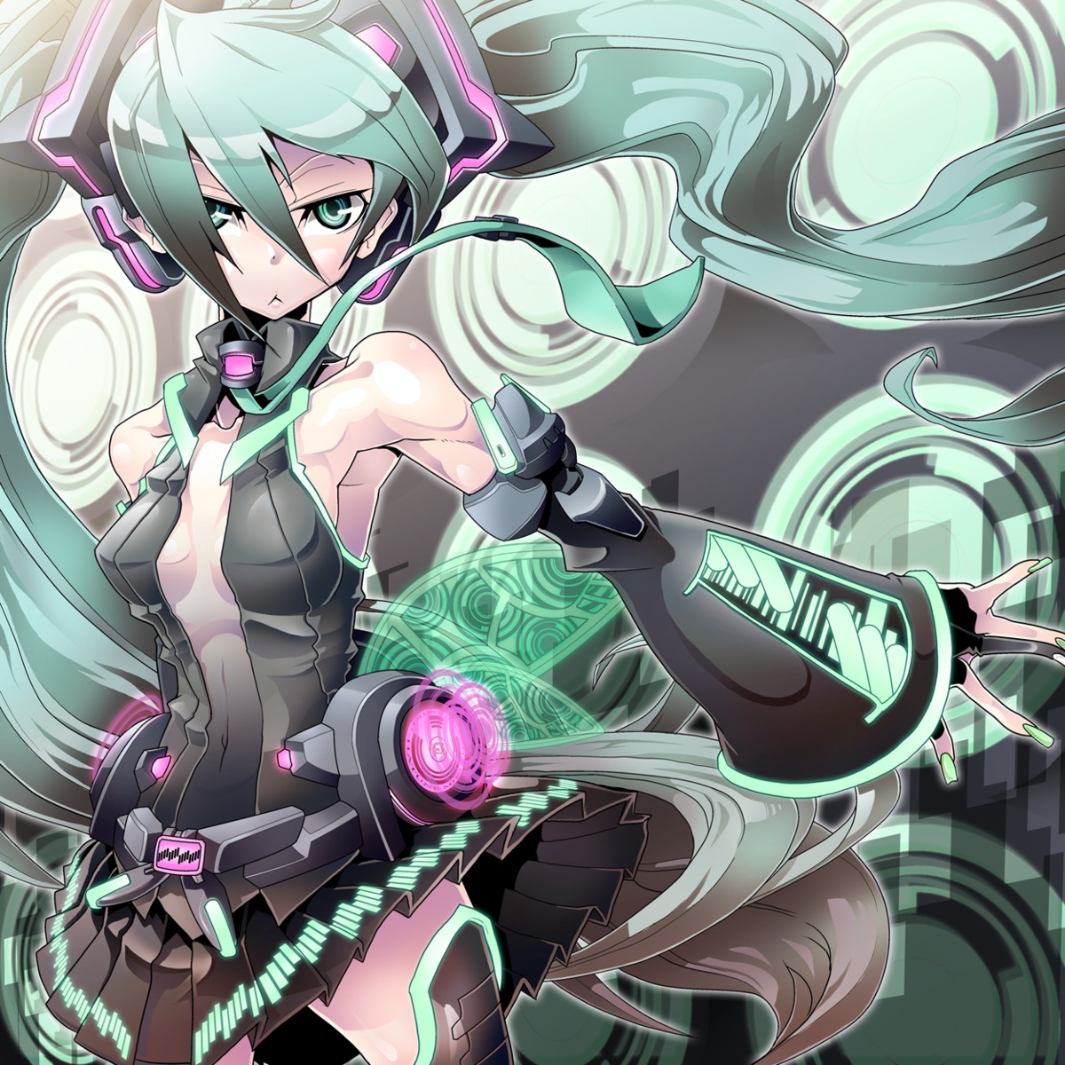 hatsune_miku headphones miku_append no_bra t.a.k. thighhighs vocaloid vocaloid_append