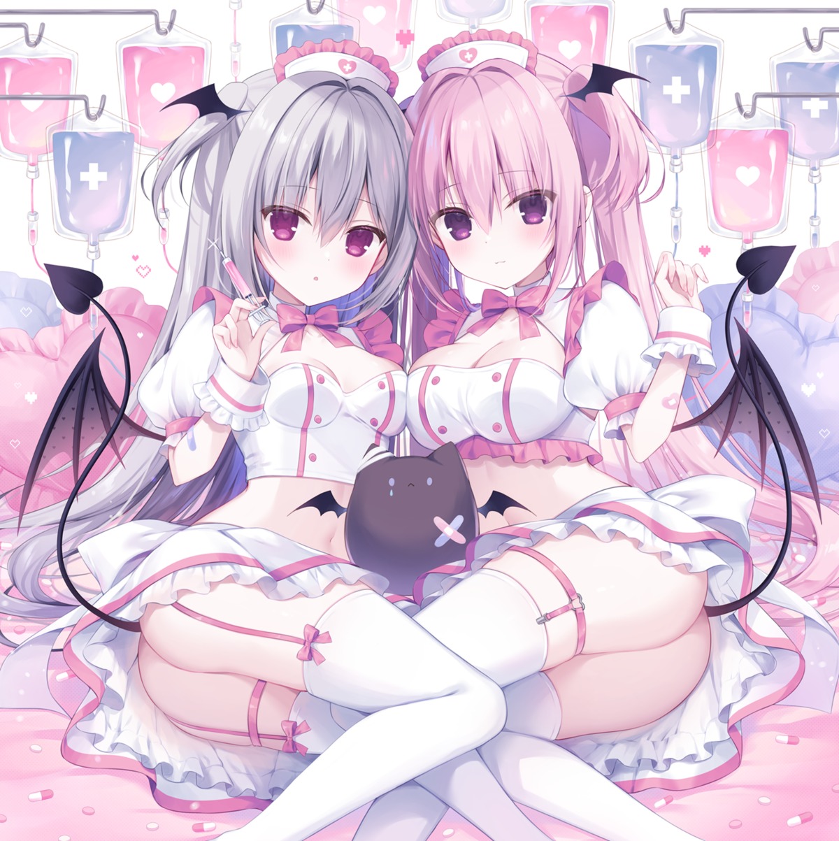 ass bandaid devil garter hasune nurse skirt_lift stockings symmetrical_docking tail thighhighs wings