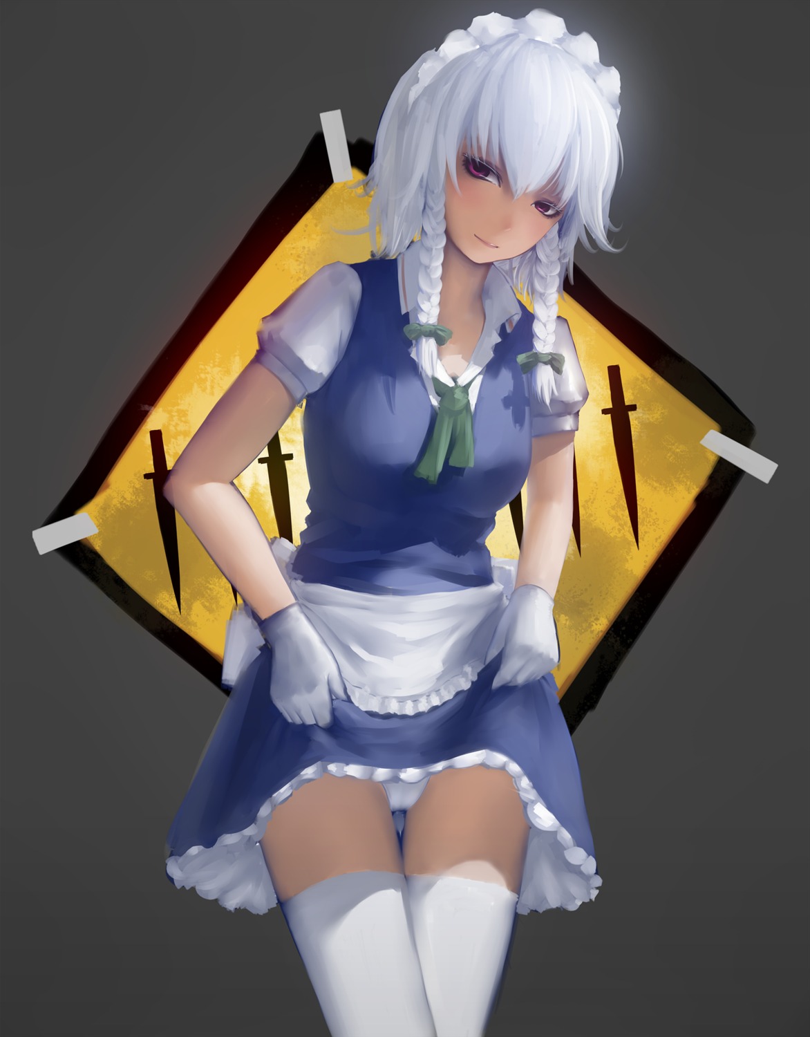 izayoi_sakuya maid maredoro pantsu skirt_lift thighhighs touhou