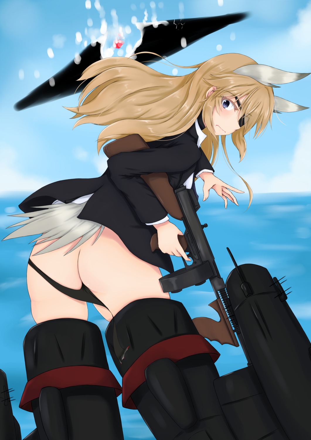 animal_ears ass eyepatch gun pantsu panty_pull strike_witches tagme tail thong torn_clothes wardrobe_malfunction