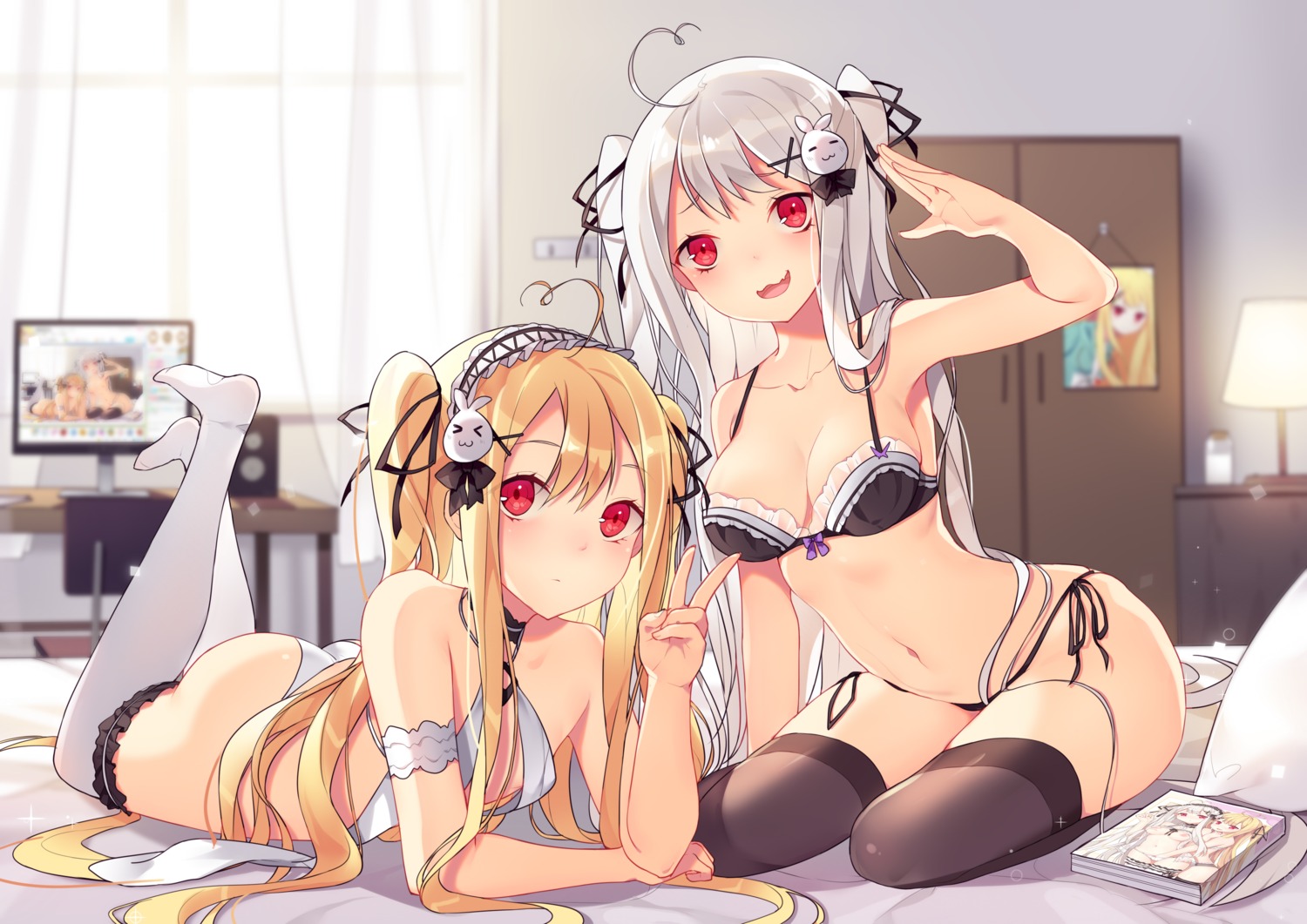 bra cleavage lingerie niliu_chahui pantsu sela string_panties thighhighs tokisaki_asaba tokisaki_mio