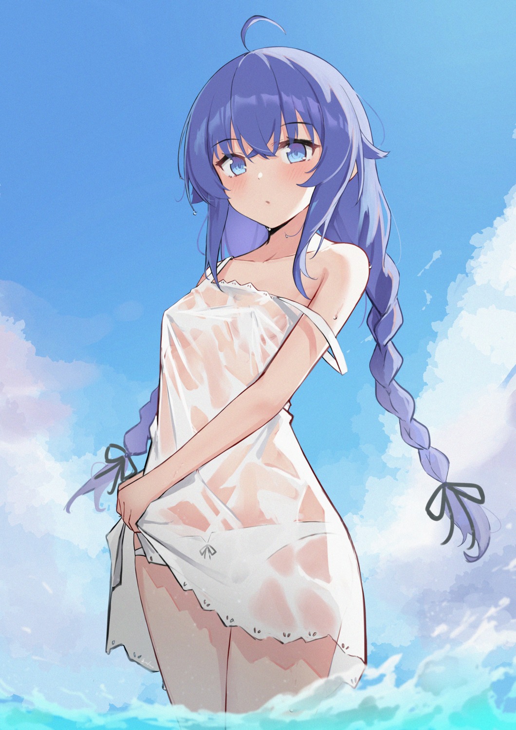 dress mushoku_tensei no_bra pantsu roxy_migurdia see_through skirt_lift summer_dress syakou wet wet_clothes