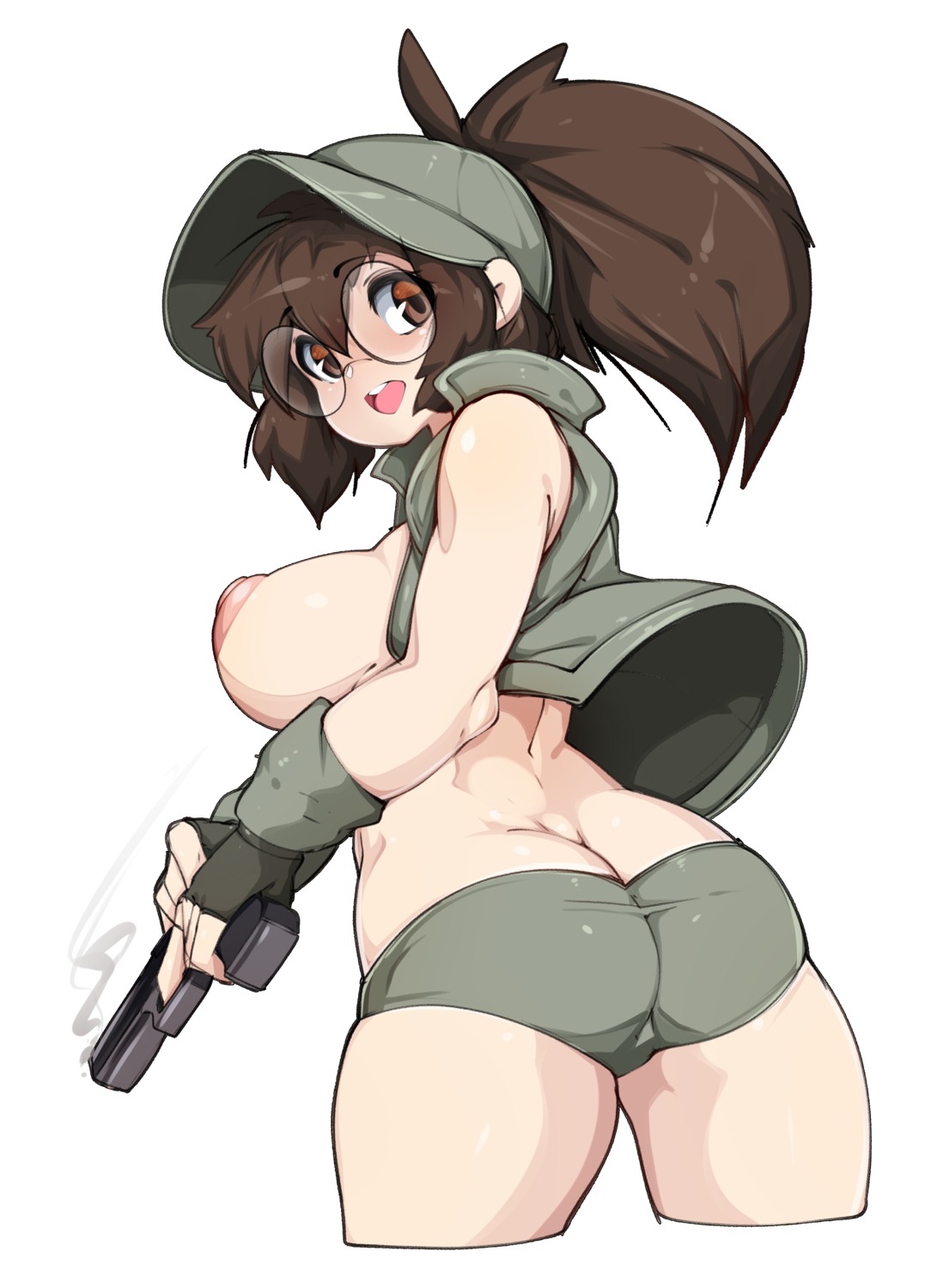 ass breasts fio_germi gun megane metal_slug nipples no_bra open_shirt slugbox