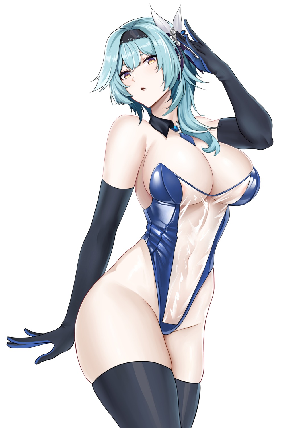 bunny_girl deroo eula genshin_impact no_bra nopan see_through thighhighs