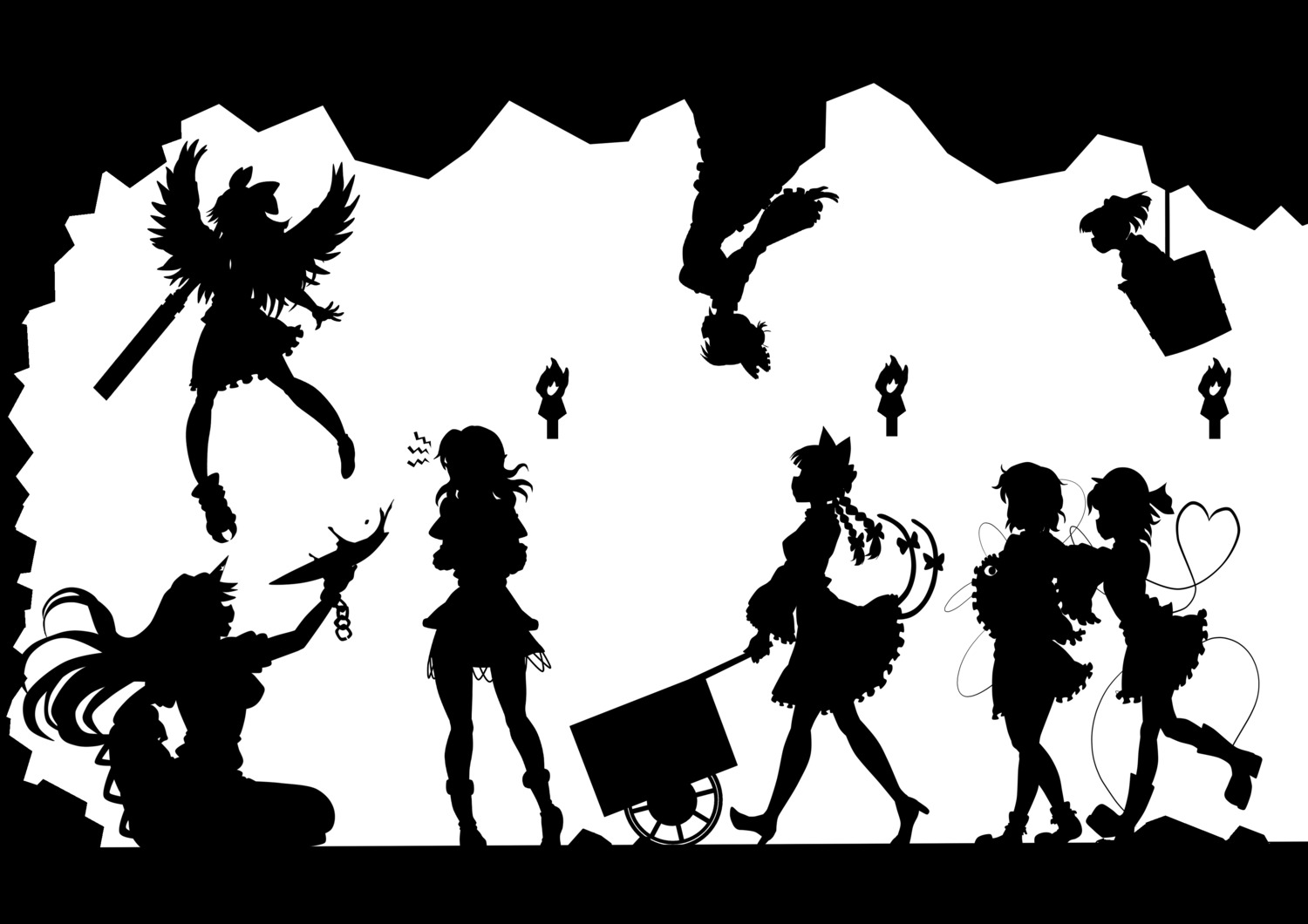 hoshiguma_yuugi kaenbyou_rin kisume kitazinger komeiji_koishi komeiji_satori kurodani_yamame mizuhashi_parsee monochrome reiuji_utsuho silhouette touhou