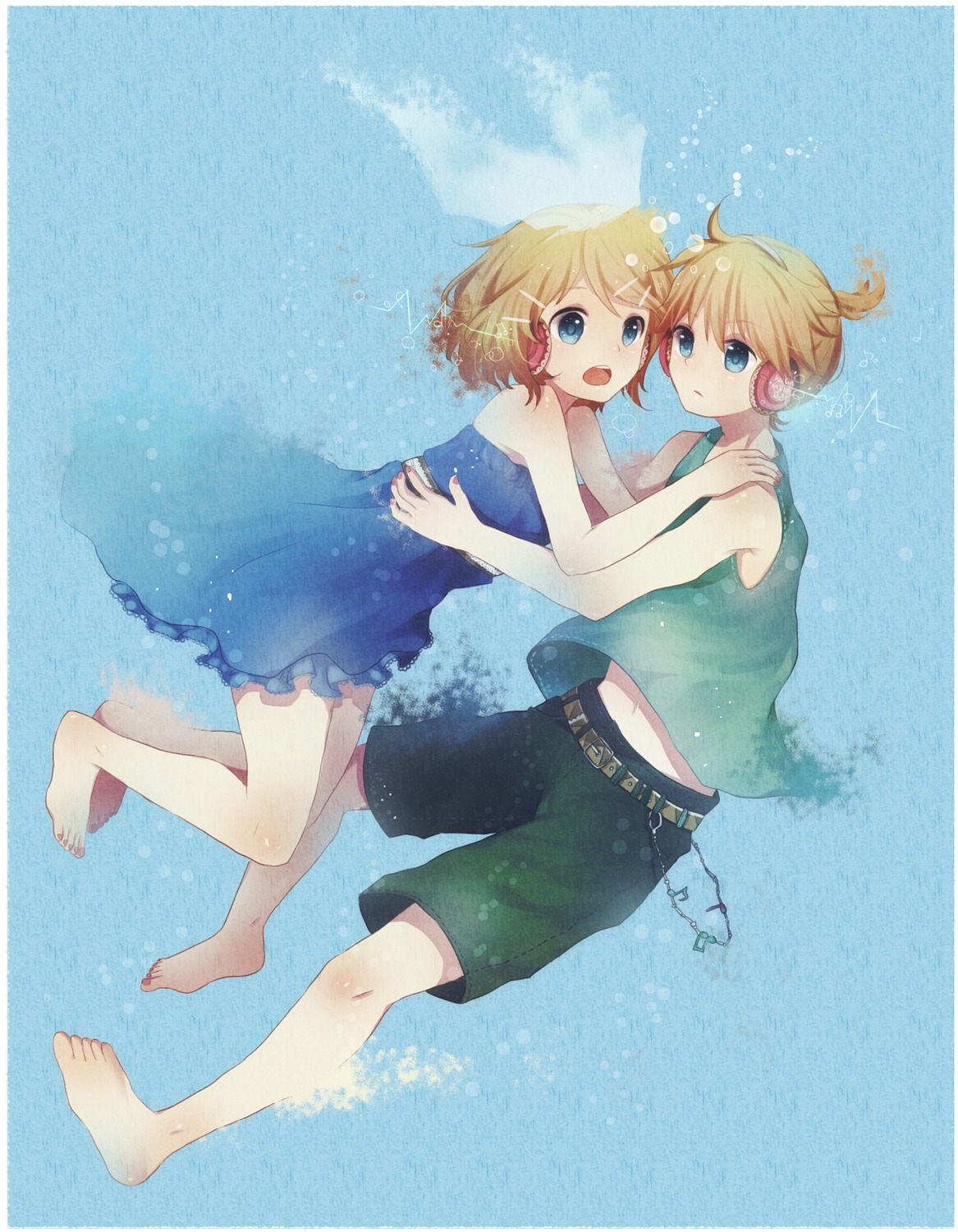 dress fiute headphones kagamine_len kagamine_rin vocaloid