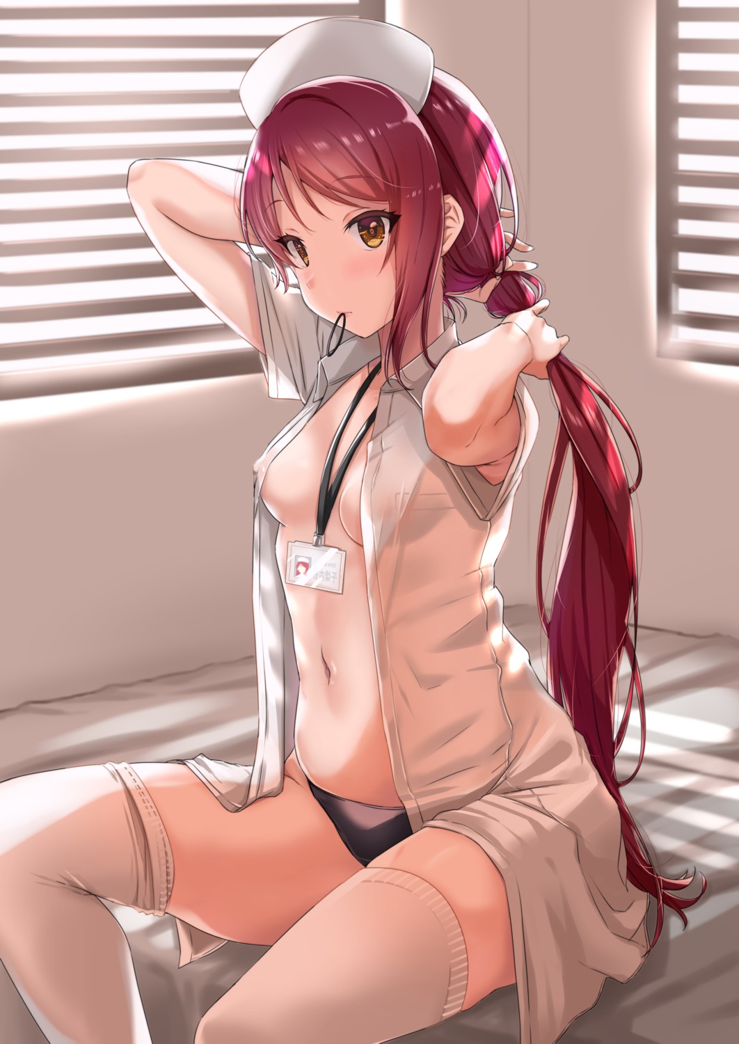 erect_nipples kitaku_jikan_(ktk_jkn) love_live!_sunshine!! no_bra nurse open_shirt pantsu sakurauchi_riko thighhighs