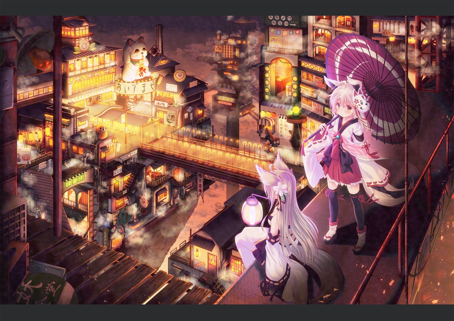 animal_ears japanese_clothes kitsune landscape misaki_yuu tail thighhighs umbrella