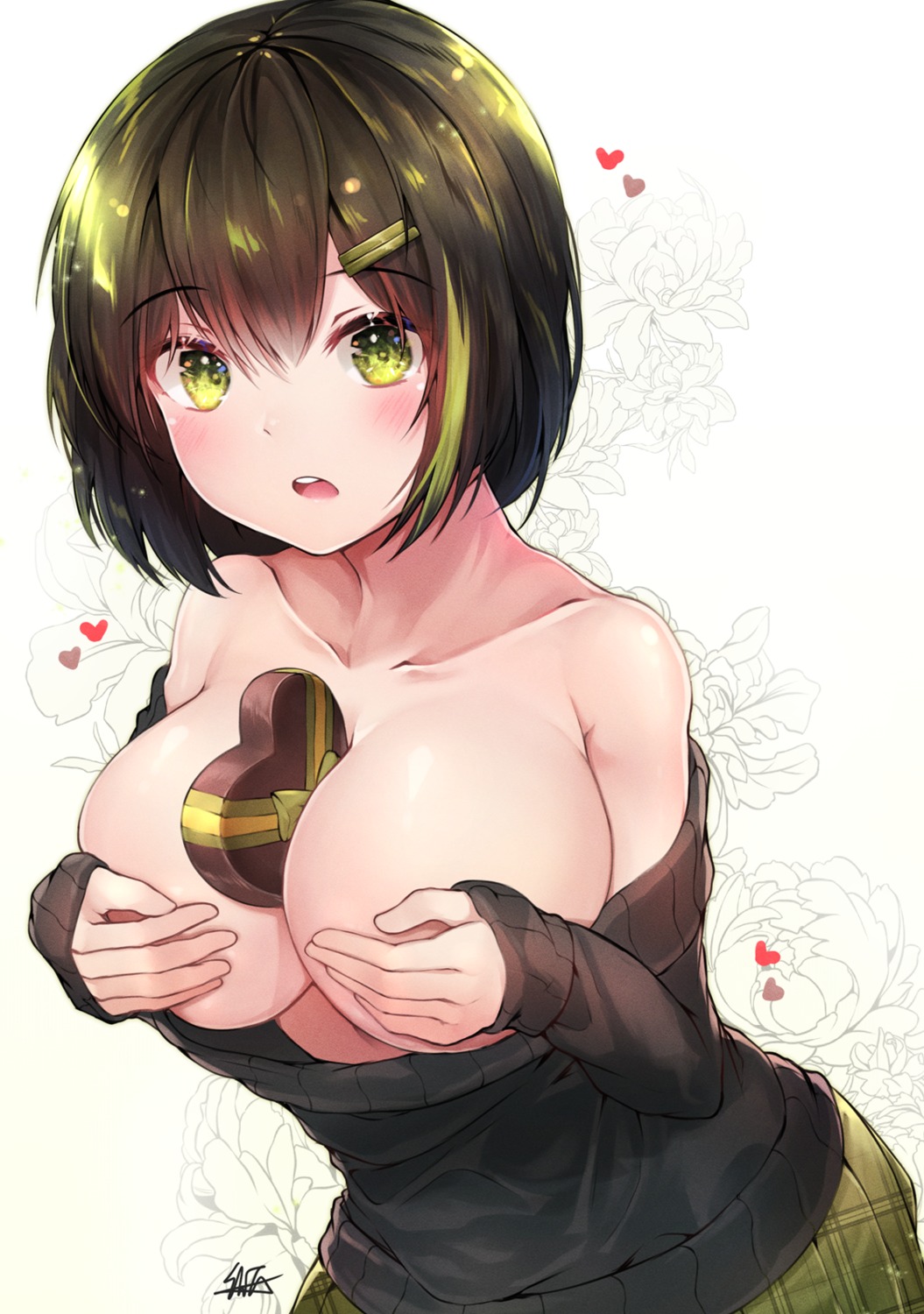 breast_hold breasts hiromaster_sinta_jh no_bra open_shirt sweater valentine