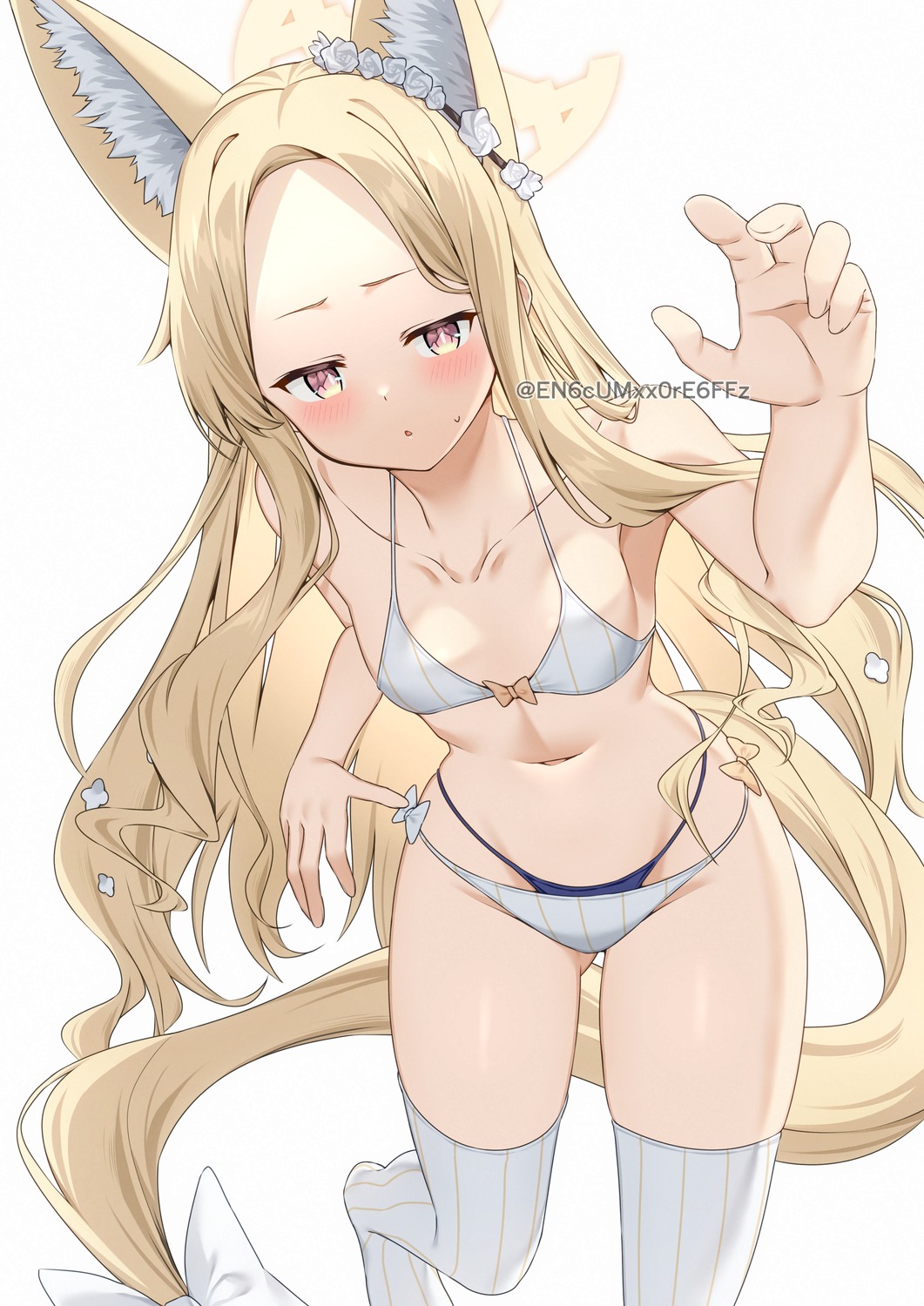 animal_ears bikini blue_archive halo kitsune loli swimsuits tail thighhighs yamano_rokamizu yurizono_seia