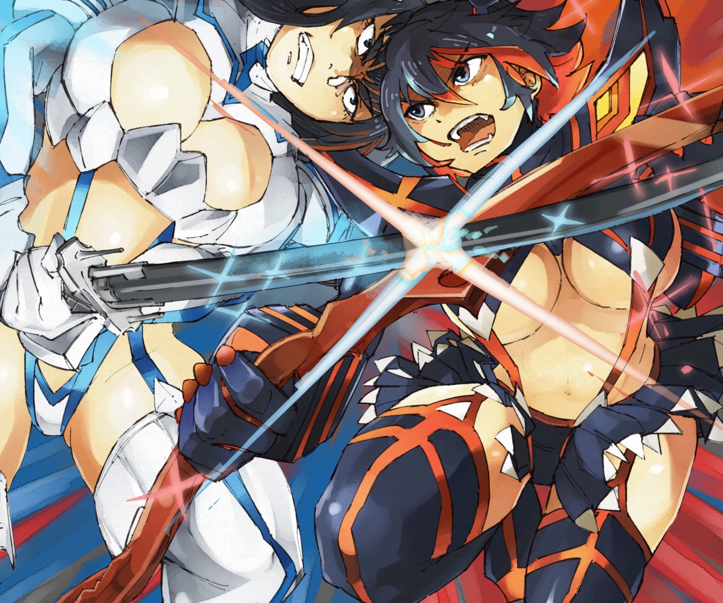 junketsu kill_la_kill kiryuuin_satsuki matoi_ryuuko senketsu sunset sword thighhighs underboob