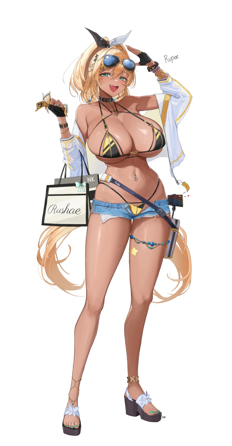 bikini buff_bard garter goddess_of_victory:_nikke heels megane open_shirt rupee_(nikke) swimsuits torn_clothes