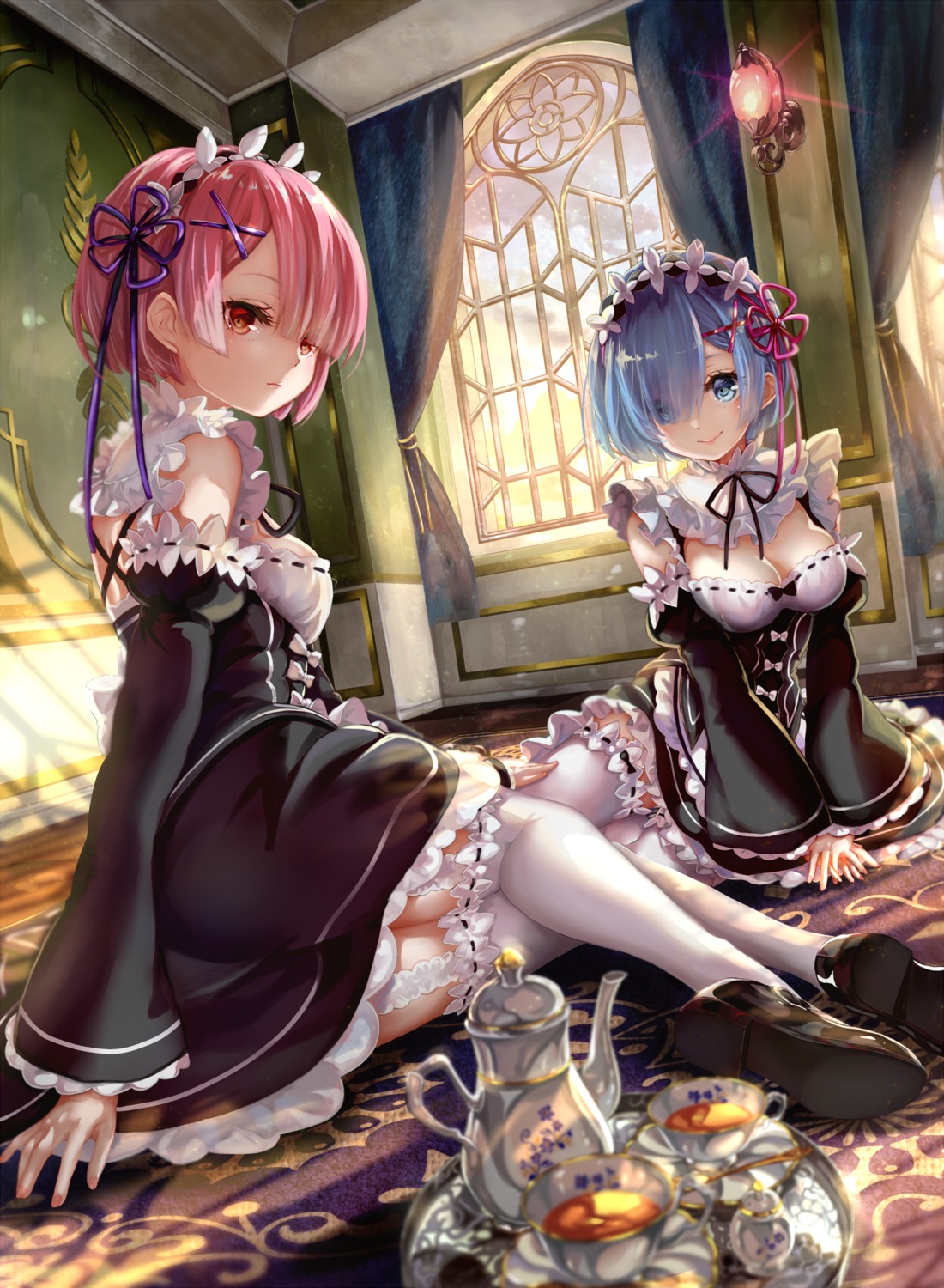 ass cleavage maid pisuke ram_(re_zero) re_zero_kara_hajimeru_isekai_seikatsu rem_(re_zero) stockings thighhighs