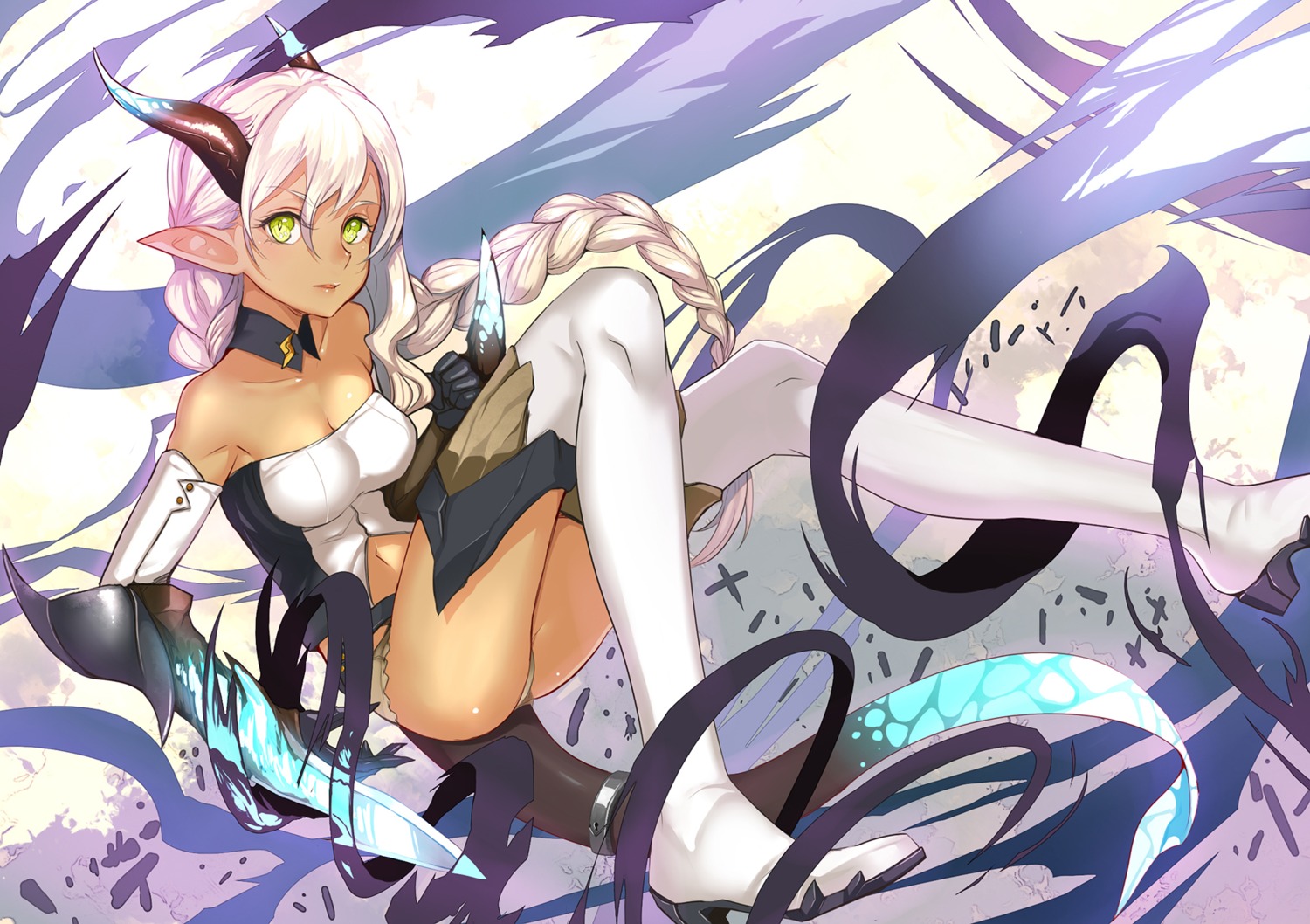 cleavage heels horns pixiv_fantasia pointy_ears realmbw tail thighhighs weapon