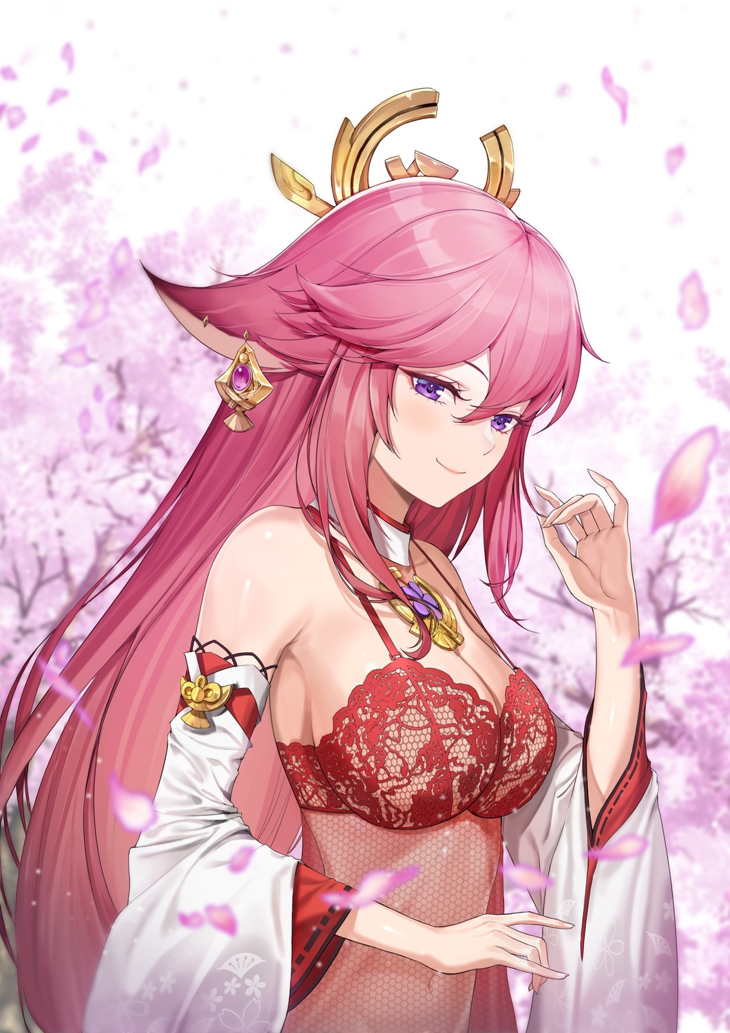 animal_ears beida bra fishnets genshin_impact japanese_clothes kitsune lingerie see_through yae_miko