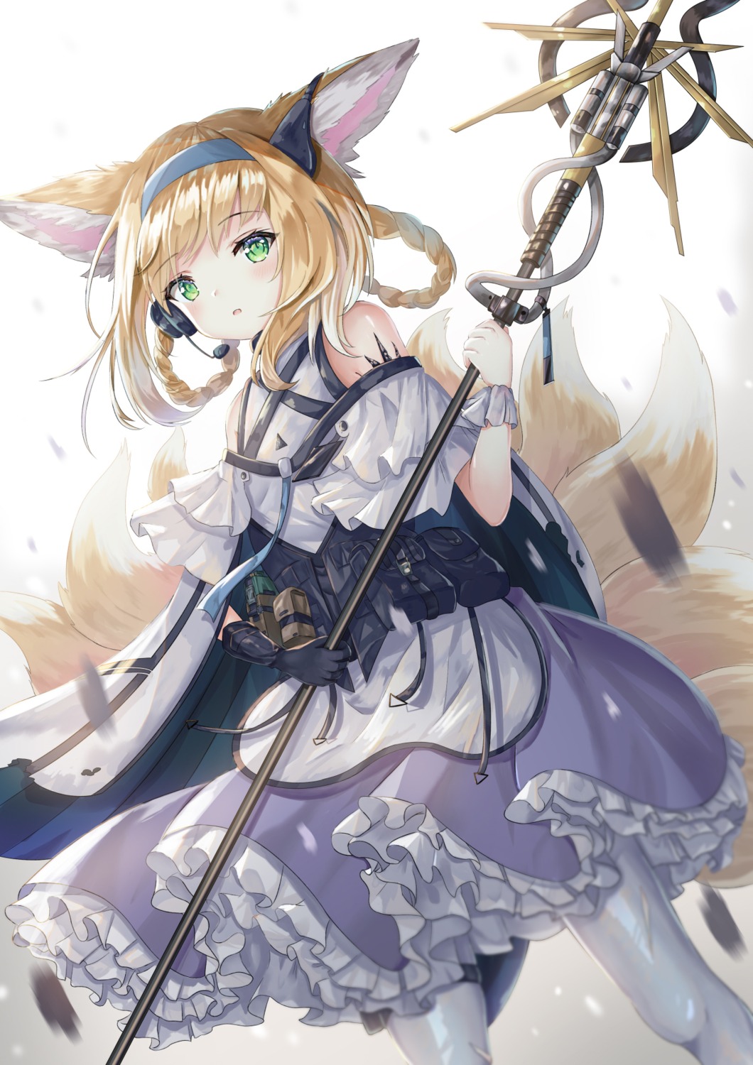 animal_ears arknights kitsune pantyhose suzuran_(arknights) synn032 tail weapon