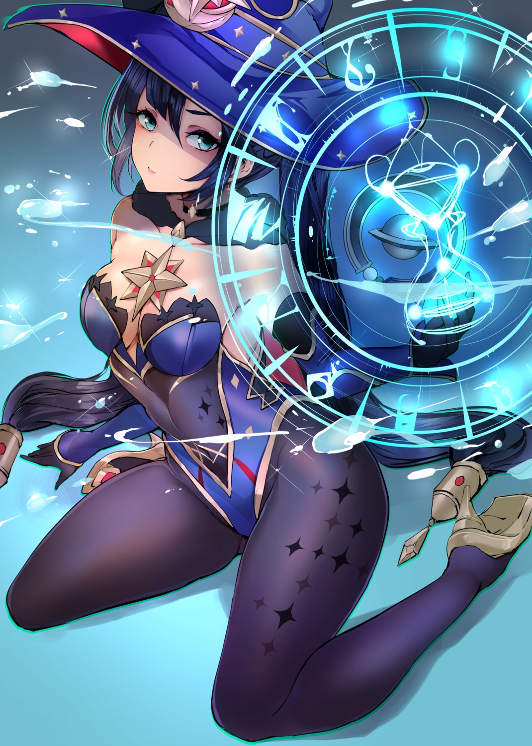 agetama genshin_impact heels leotard mona_megistus no_bra pantyhose witch