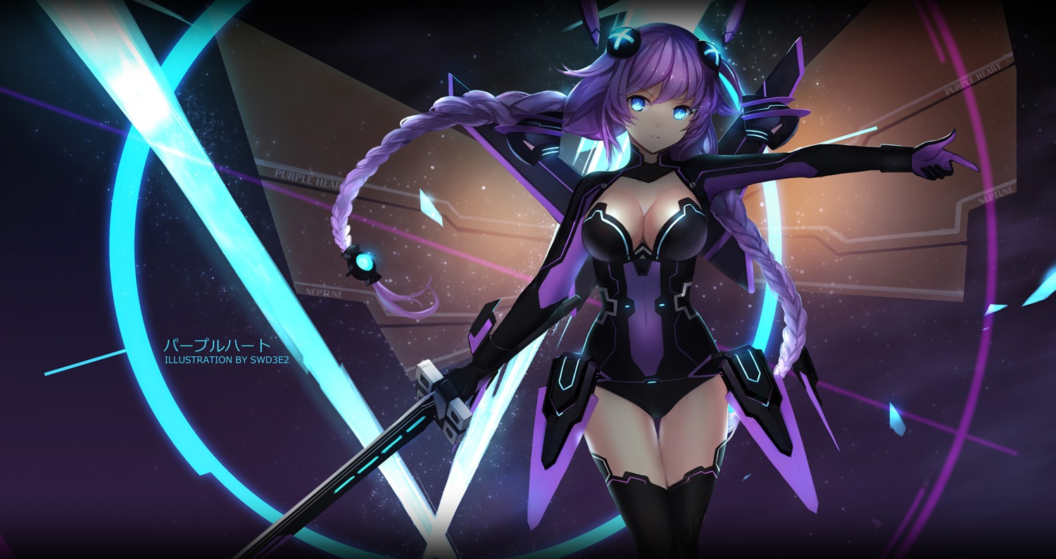 bodysuit choujigen_game_neptune cleavage purple_heart swd3e2 sword thighhighs