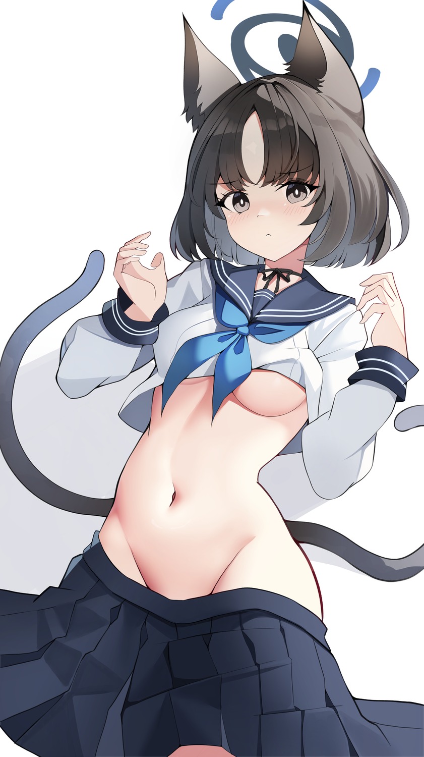 animal_ears blue_archive halo kiryuu_kikyou nekomimi no_bra nopan seifuku shirt_lift sob_(submar1089) tail underboob