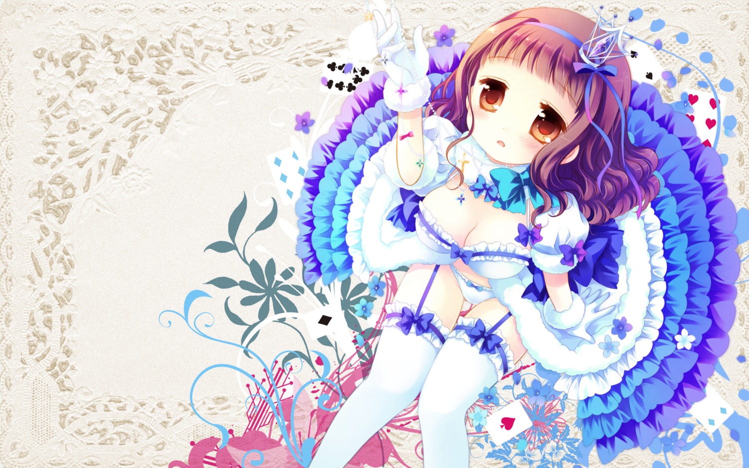 bra cleavage higanbana_no_saku_yoru_ni kusunoki_midori lolita_fashion pantsu sakurazawa_izumi stockings thighhighs wallpaper