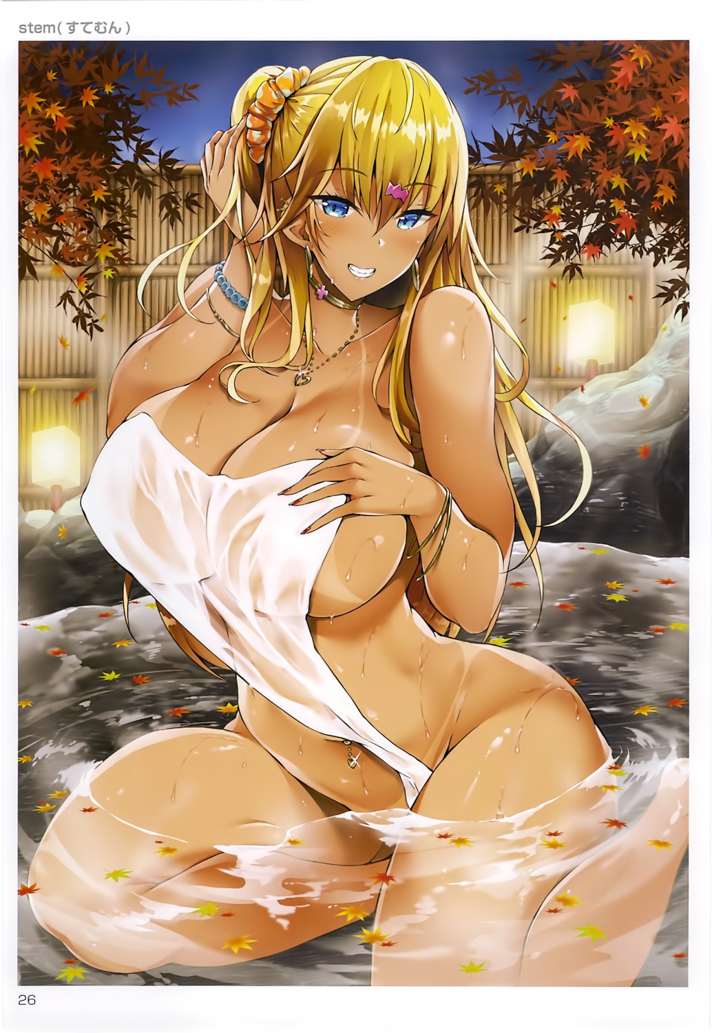 breast_hold censored naked onsen overfiltered see_through stem tan_lines toranoana towel wet