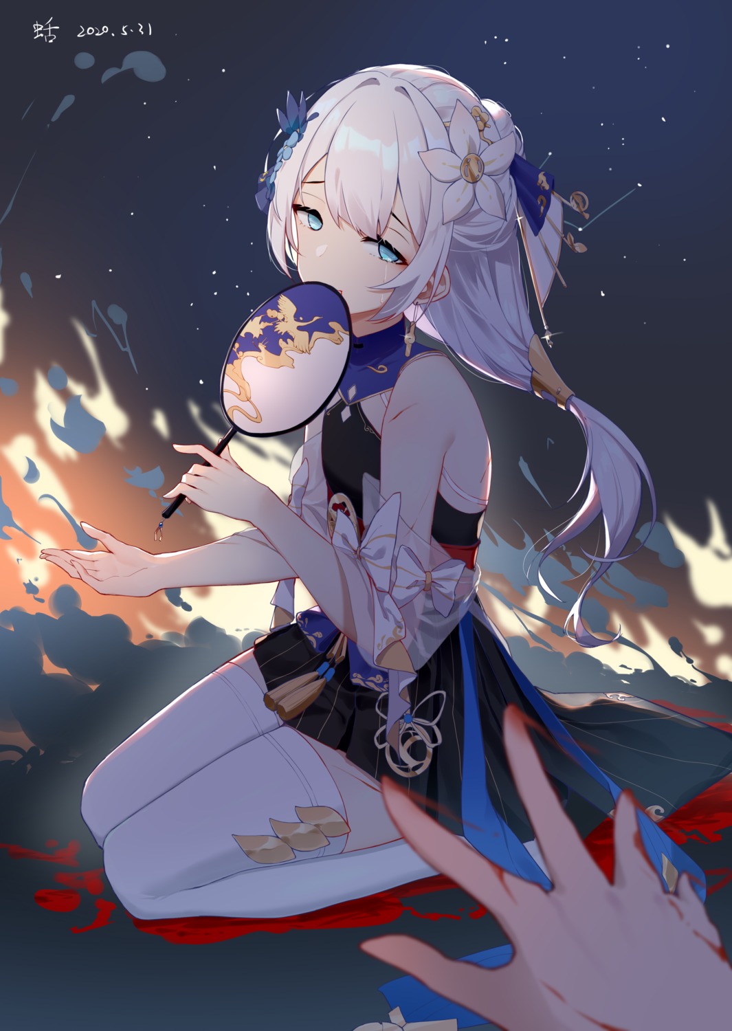 artist_revision benghuai_xueyuan blood honkai_impact japanese_clothes kuo_(kuo114514) theresa_apocalypse thighhighs