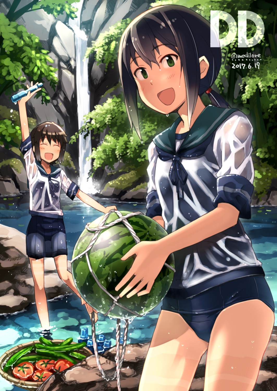 fubuki_(kancolle) kantai_collection miyuki_(kancolle) sakura_(medilore) school_swimsuit see_through seifuku swimsuits wet wet_clothes