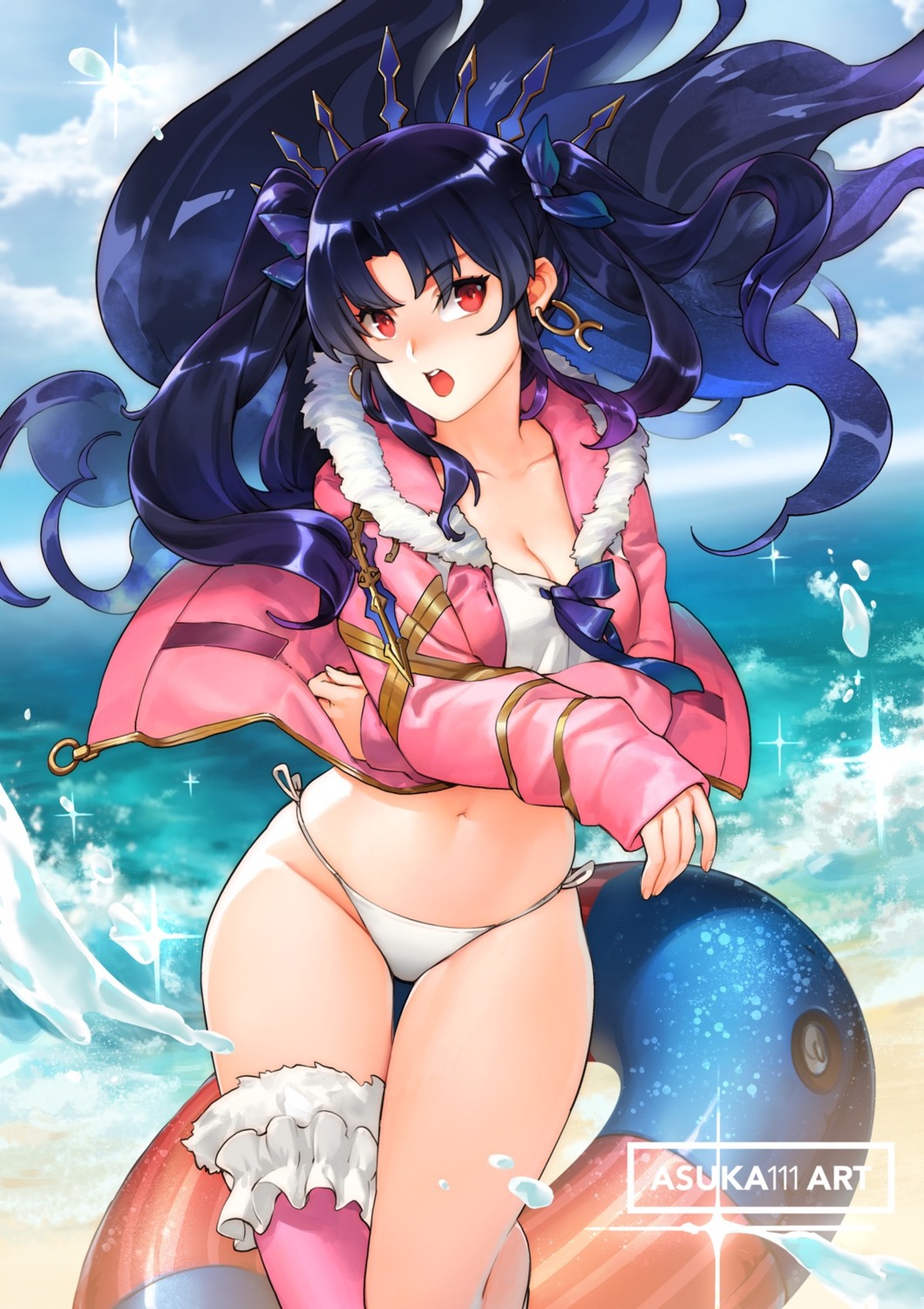 bikini breast_hold cleavage fate/grand_order ishtar_(fate/grand_order) open_shirt patipat_asavasena swimsuits thighhighs