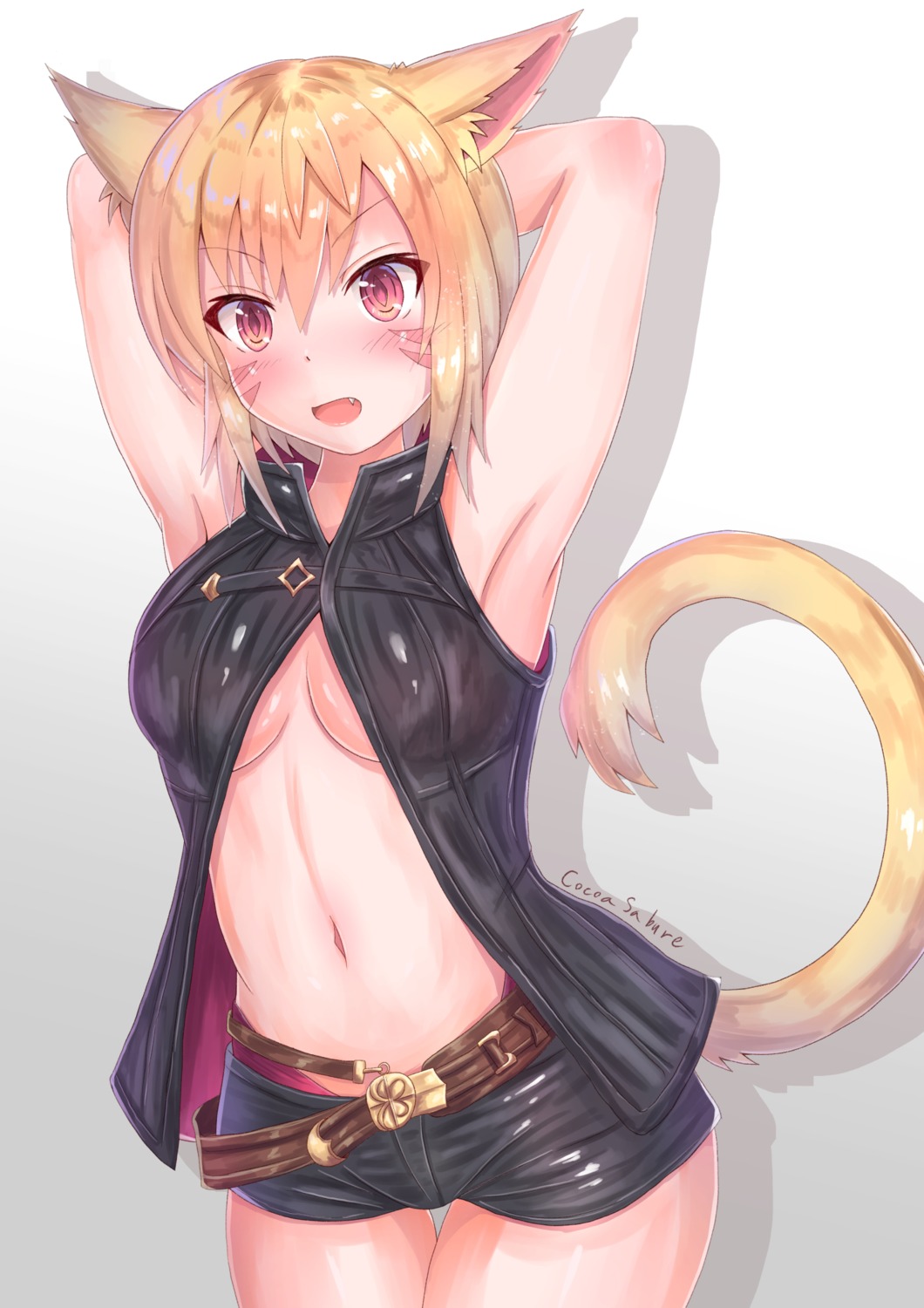 animal_ears cocoasabure final_fantasy final_fantasy_xiv miqo'te nekomimi no_bra open_shirt tail tattoo underboob