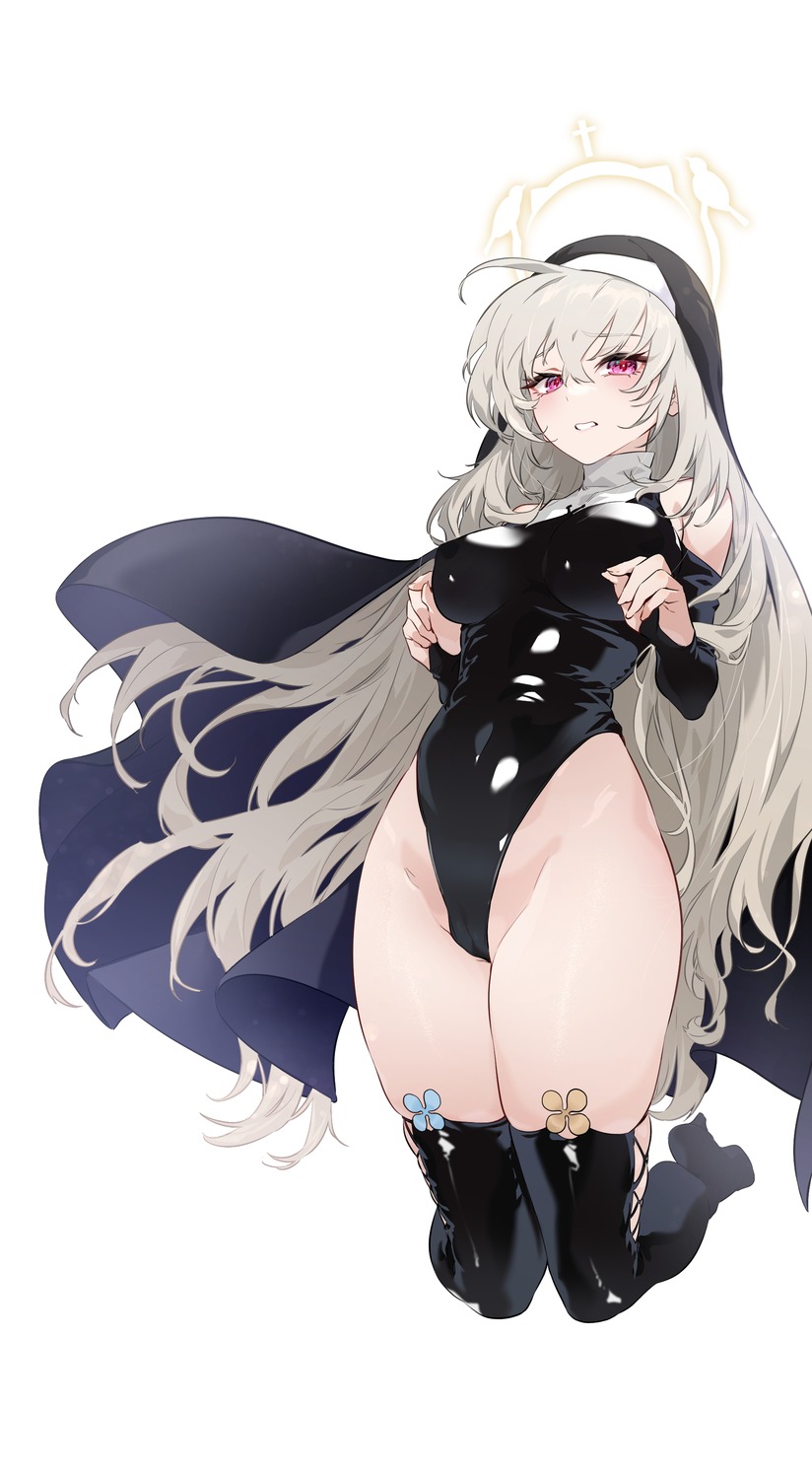 blue_archive cameltoe halo heels jjjsss leotard nun thighhighs utazumi_sakurako