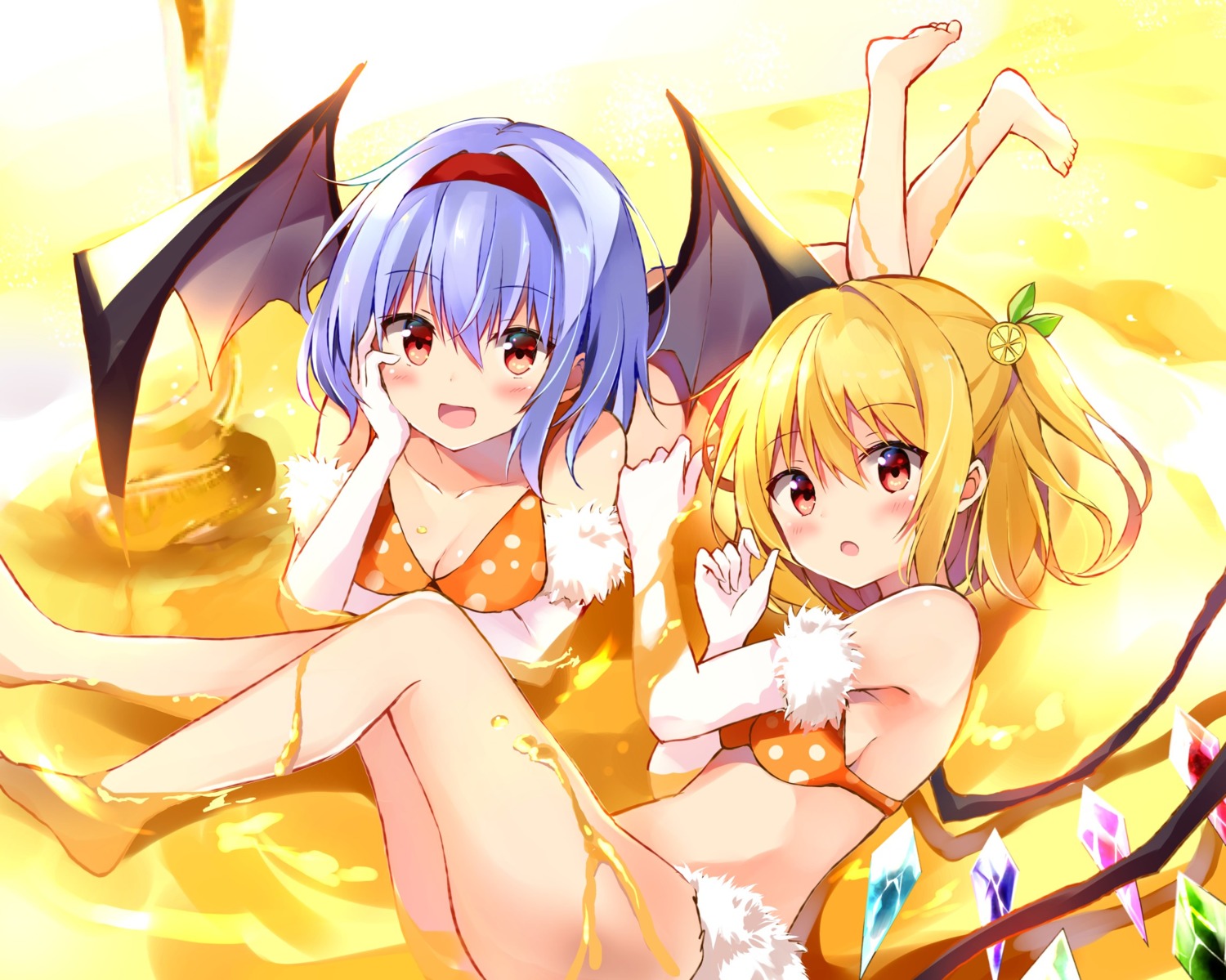 bikini breast_hold cleavage cream flandre_scarlet hyurasan remilia_scarlet swimsuits touhou wings