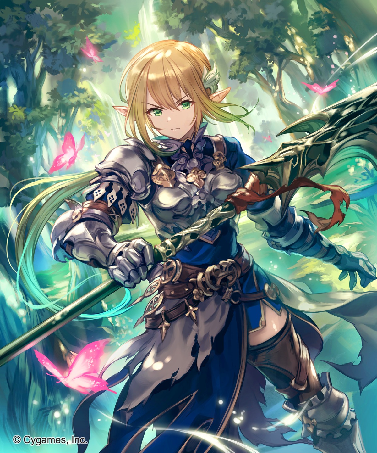 armor lee_hyeseung pointy_ears shadowverse thighhighs weapon