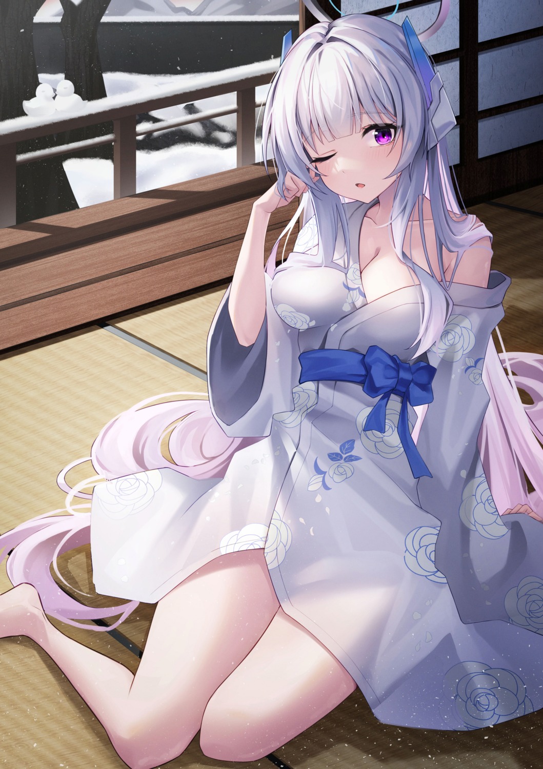 blue_archive halo hidel no_bra open_shirt see_through ushio_noa yukata