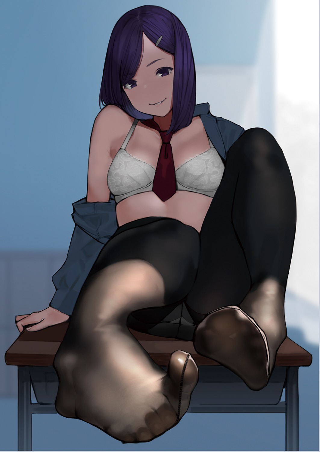 bra cleavage feet open_shirt pantsu pantyhose seifuku yom