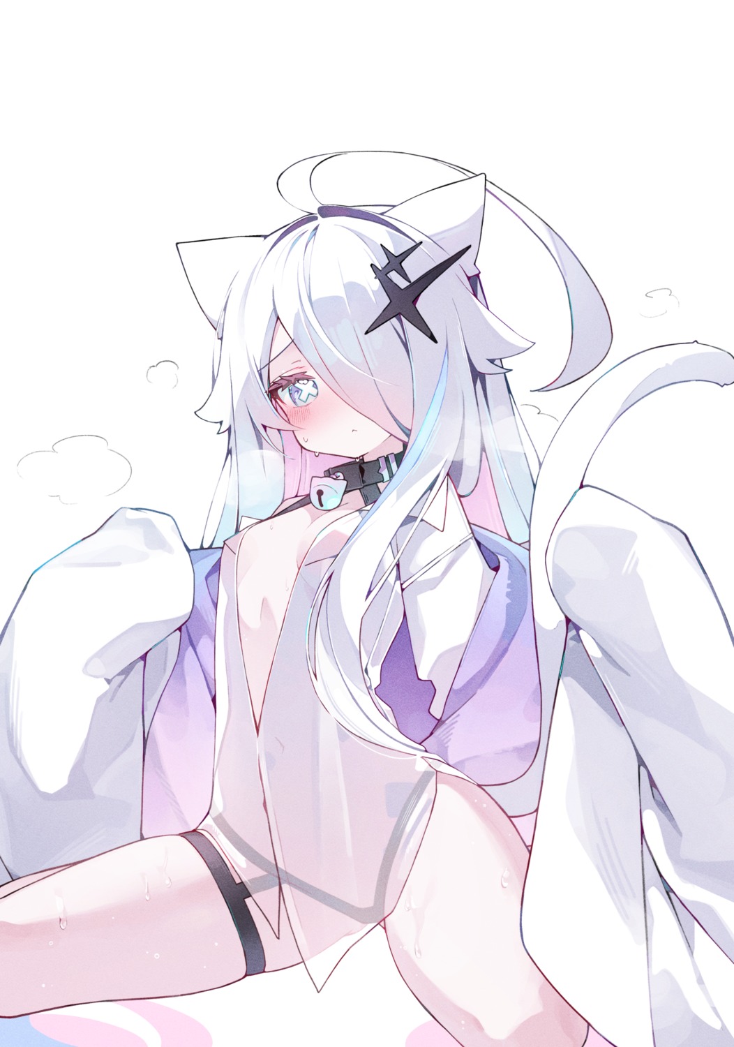 animal_ears dress_shirt garter loli nekomimi no_bra open_shirt see_through tail verslll wet