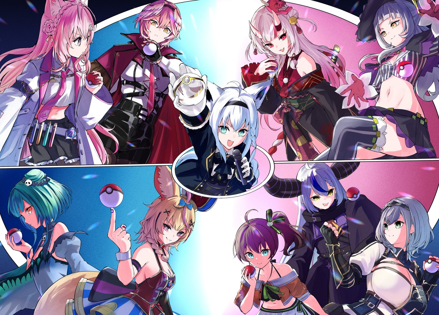 animal_ears cleavage devil dress hakui_koyori hololive hololive_gamers horns japanese_clothes kitsune la+_darknesss murasaki_shion nakiri_ayame natsuiro_matsuri omaru_polka pokemon shirakami_fubuki shirogane_noel sword tail takane_lui thighhighs uniform uruha_rushia wings yuu201023