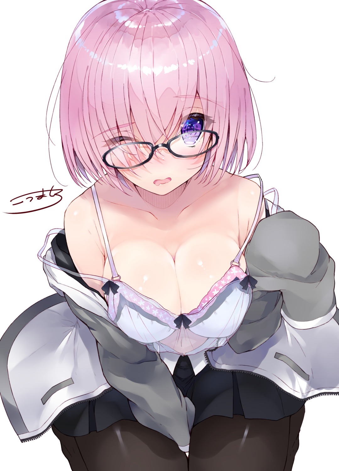 bra cleavage fate/grand_order kou_mashiro lingerie mash_kyrielight megane open_shirt pantyhose see_through