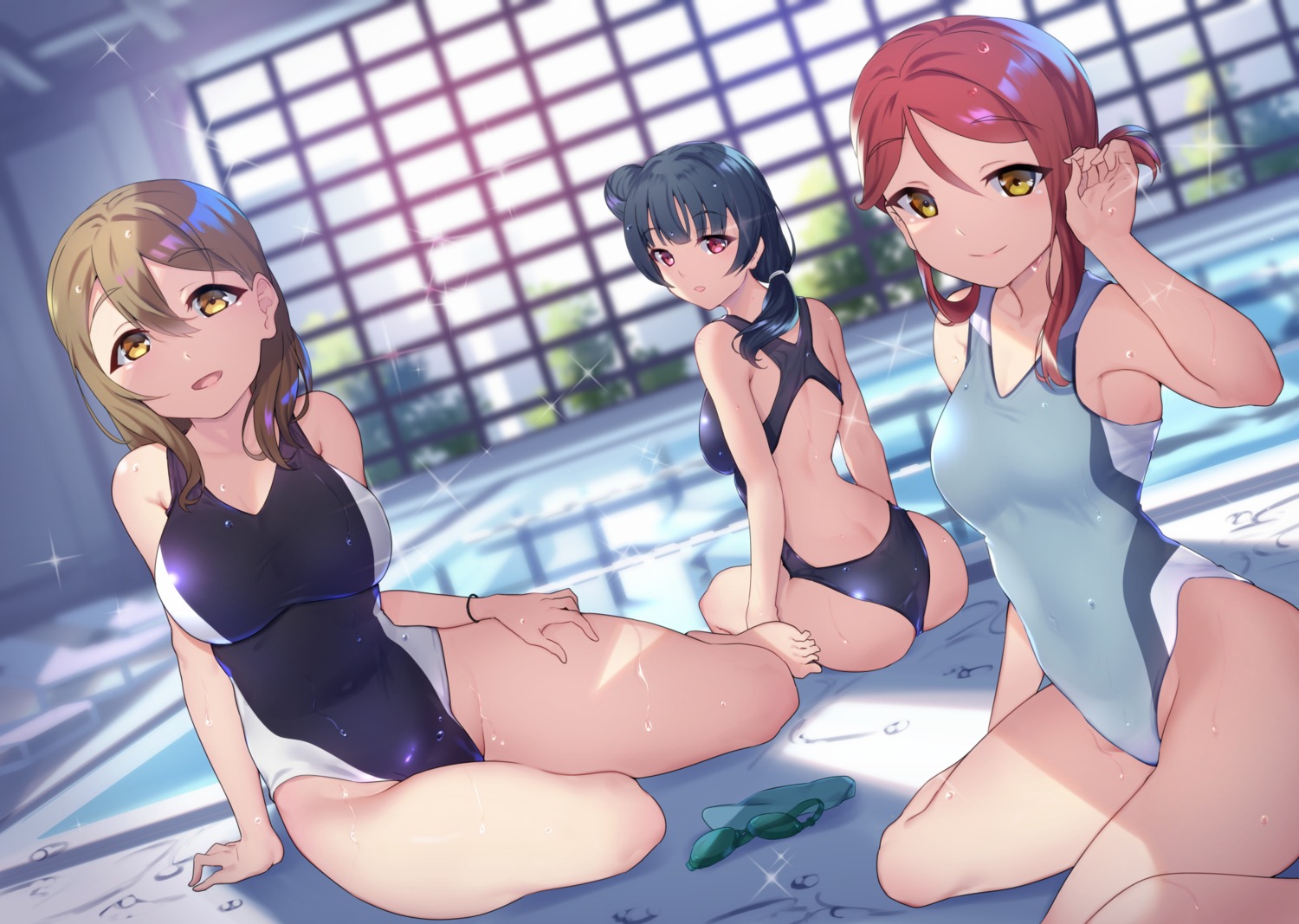 ass cleavage kunikida_hanamaru love_live!_sunshine!! sakurauchi_riko swimsuits tsushima_yoshiko wet yamaori_(yamaorimon)