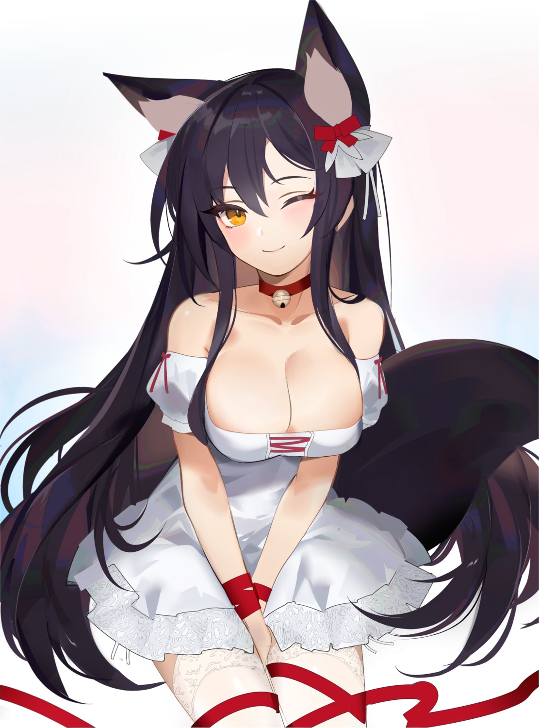 animal_ears dress no_bra tail thighhighs yoru_(yowuyoru)