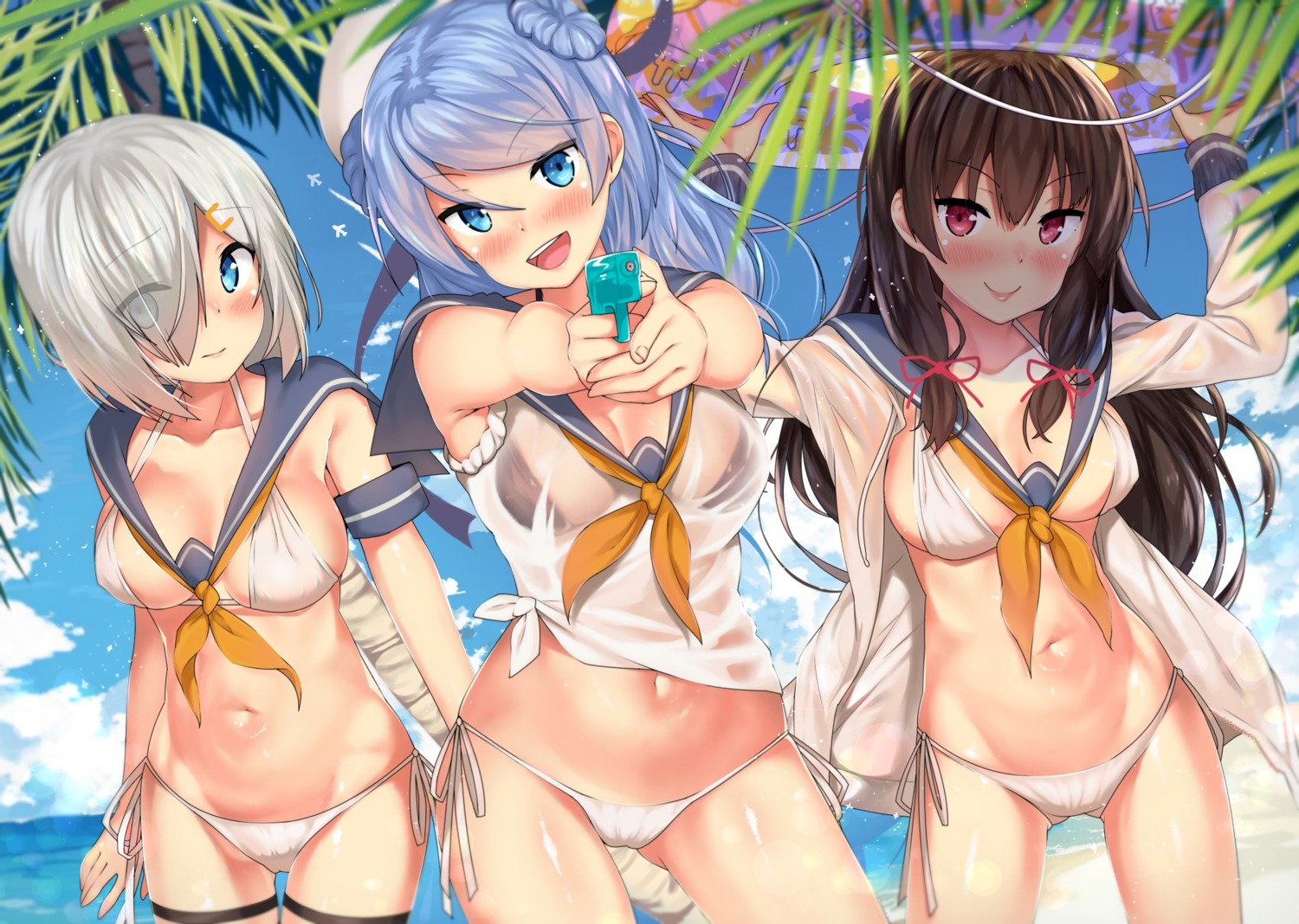 bikini cleavage gun hamakaze_(kancolle) isokaze_(kancolle) kantai_collection kawai open_shirt see_through seifuku swimsuits urakaze_(kancolle) wet_clothes