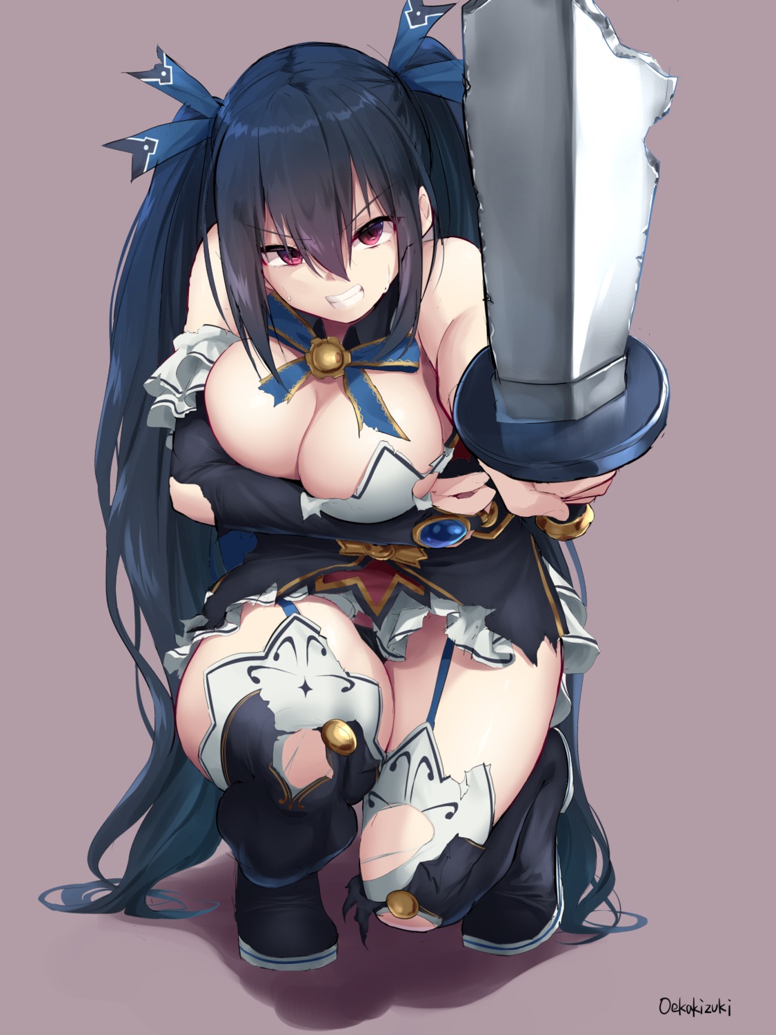 breast_hold breasts choujigen_game_neptune heels no_bra noire oekakizuki pantsu stockings sword thighhighs torn_clothes