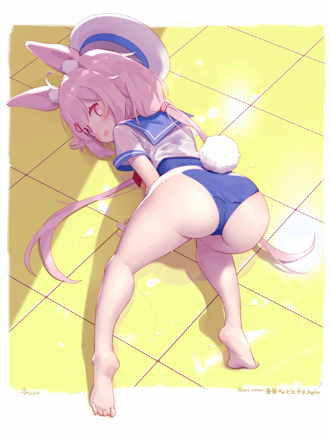 animal_ears ass bunny_ears feet school_swimsuit see_through seifuku shippitsu swimsuits tail tomari_mari tomari_mari_channel wet wet_clothes