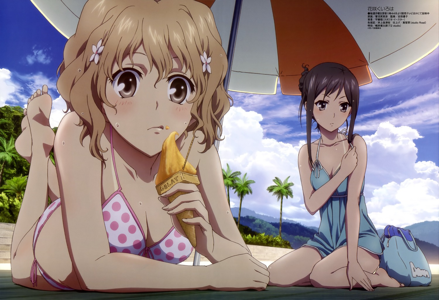 bikini cleavage feet hanasaku_iroha matsumae_ohana suganuma_fumihiko swimsuits tan_lines tsurugi_minko