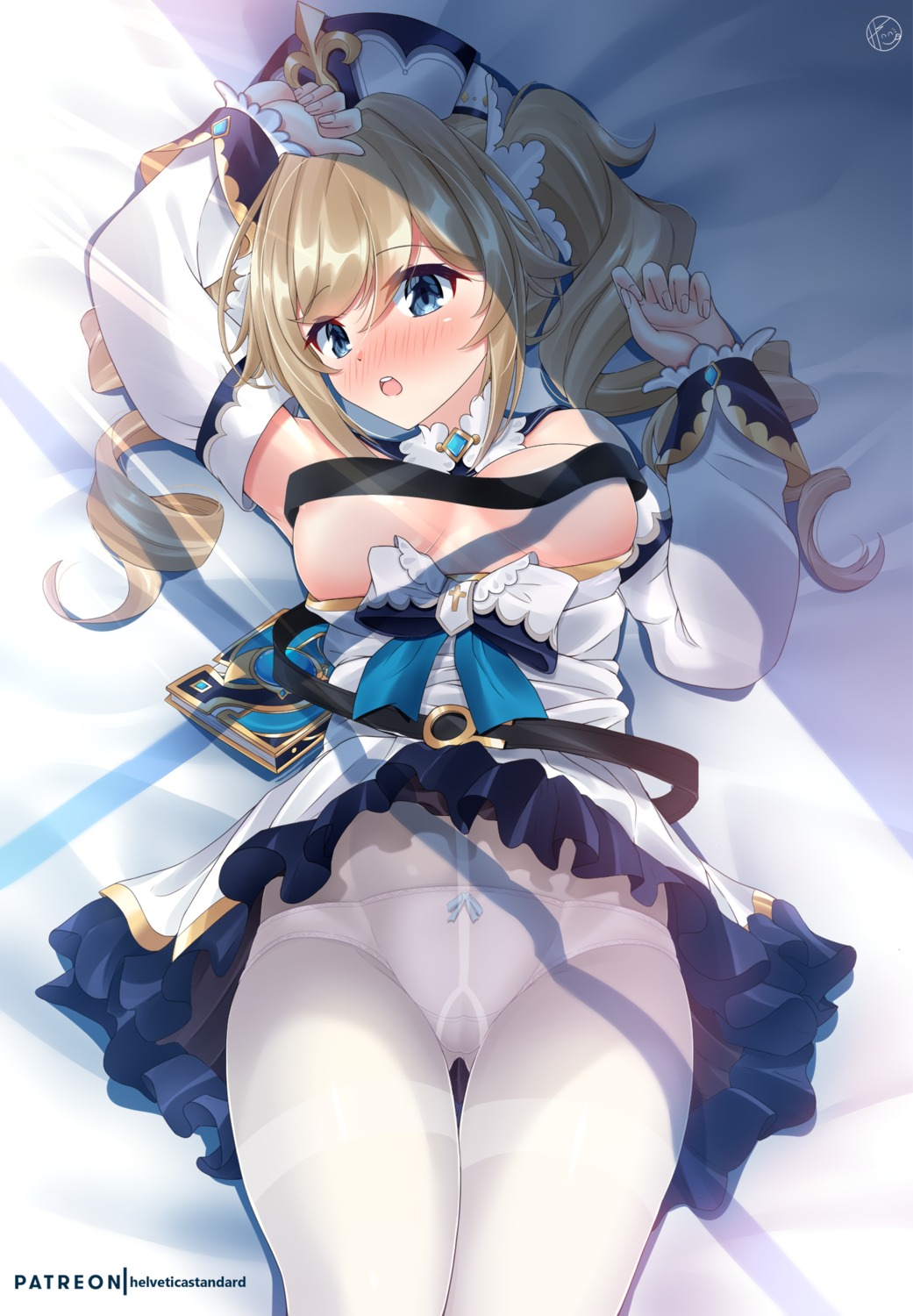 barbara_(genshin_impact) dress genshin_impact helvetica_5tandard no_bra open_shirt pantsu pantyhose skirt_lift