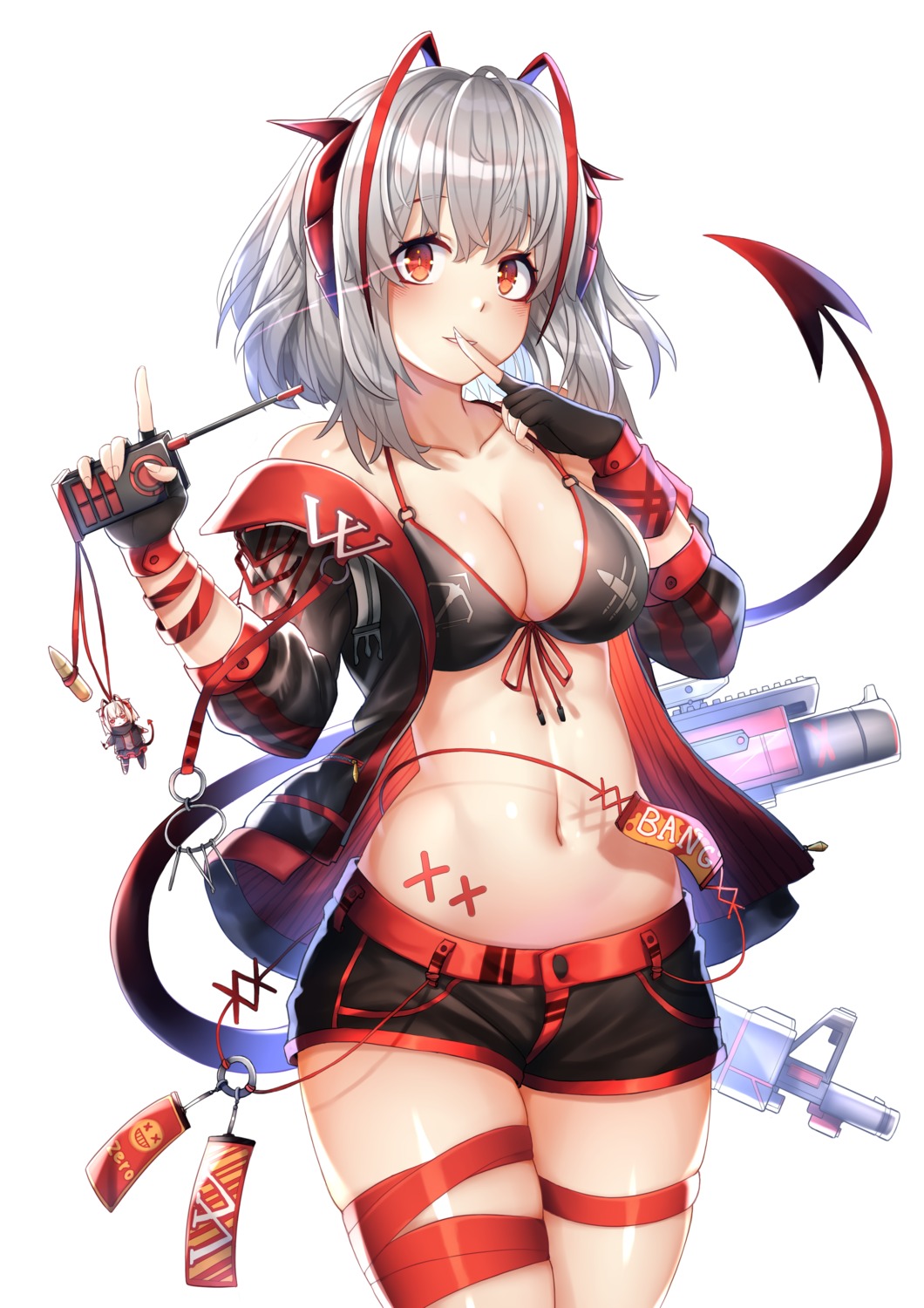 arknights bikini_top garter gun horns kishita_yuu open_shirt swimsuits tail w_(arknights)