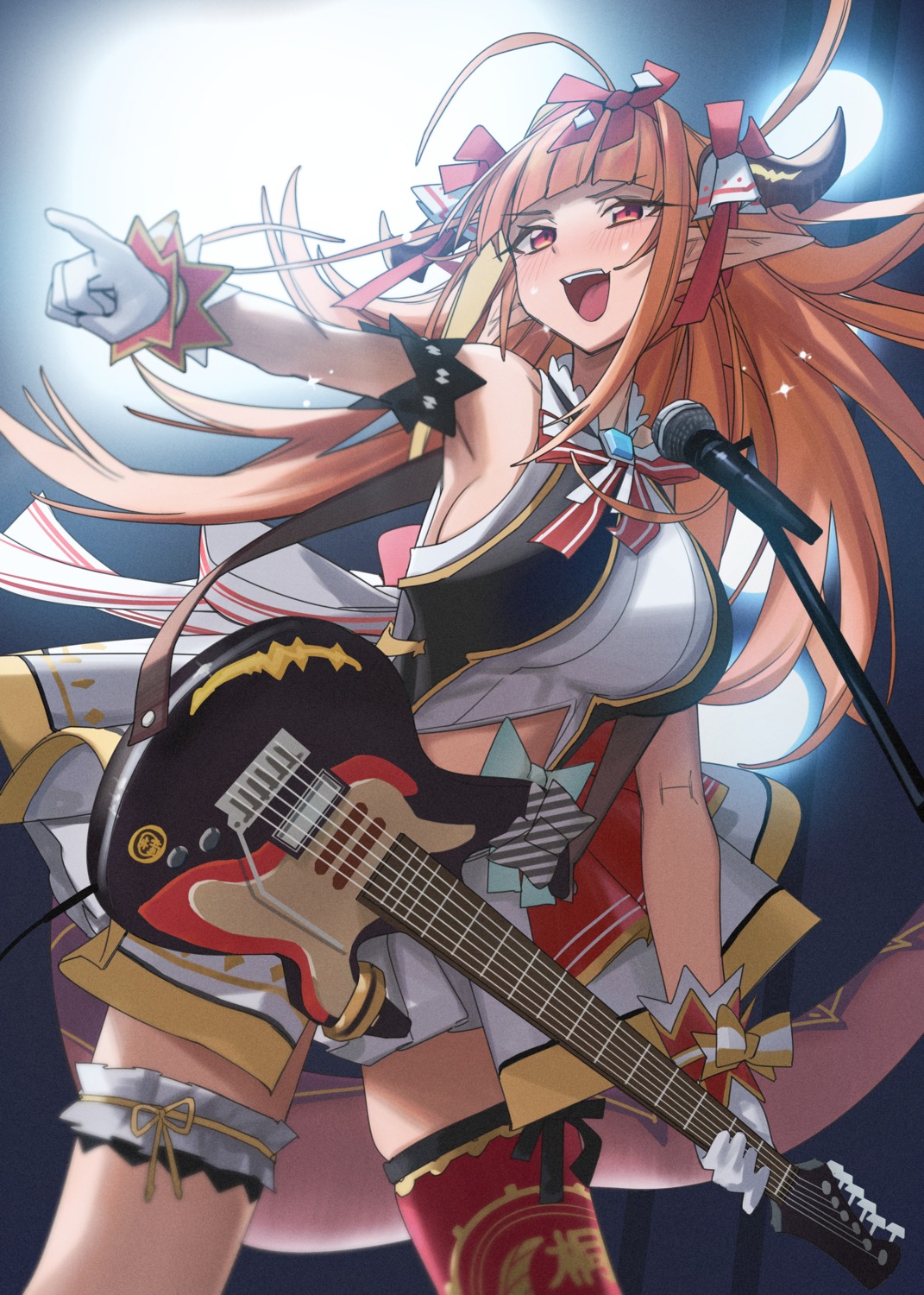 garter guitar hololive horns kiryuu_coco no_bra pointy_ears skirt_lift tail thighhighs xiaoju_xiaojie