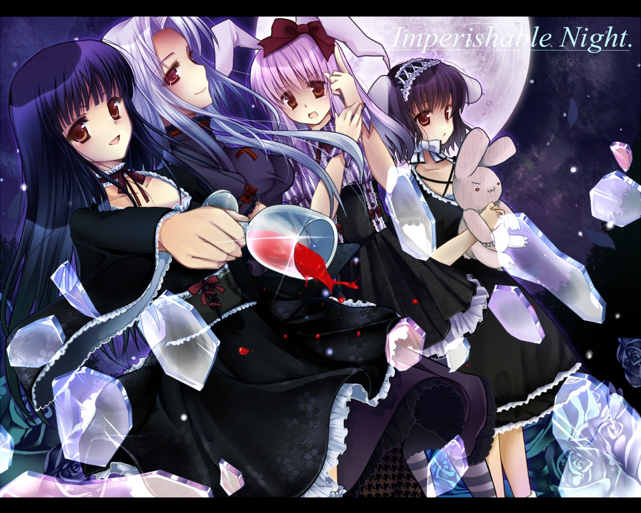 houraisan_kaguya inaba_tewi lolita_fashion mutsu reisen_udongein_inaba touhou wallpaper yagokoro_eirin