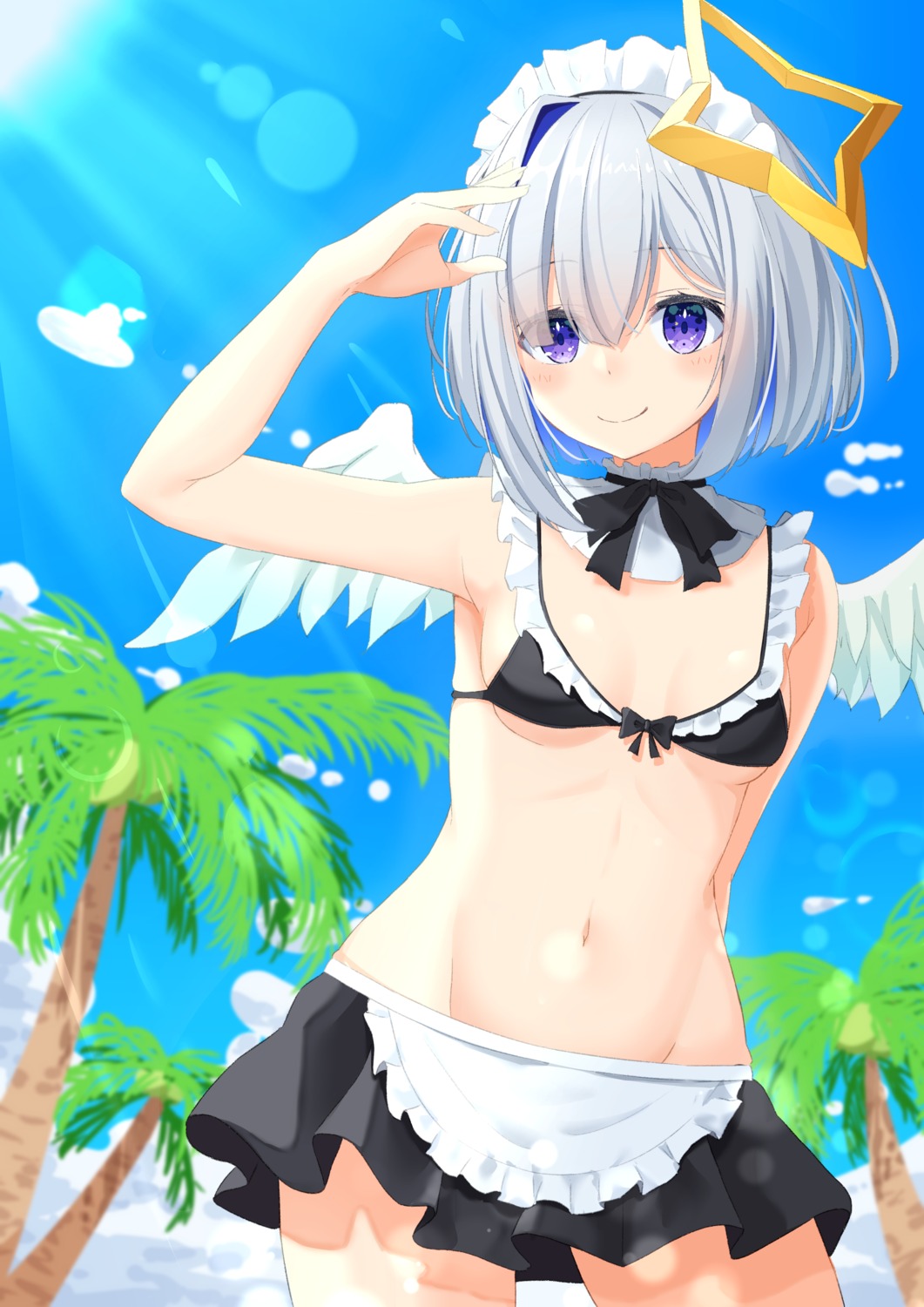 amane_kanata angel bikini_top cleavage hololive maid starkamisan swimsuits underboob wings