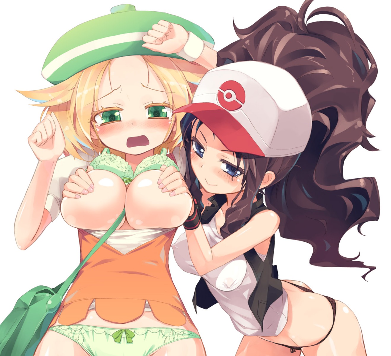 bel_(pokemon) breast_grab breasts erect_nipples homura_subaru no_bra pantsu pokemon pokemon_bw see_through touko_(pokemon) yuri